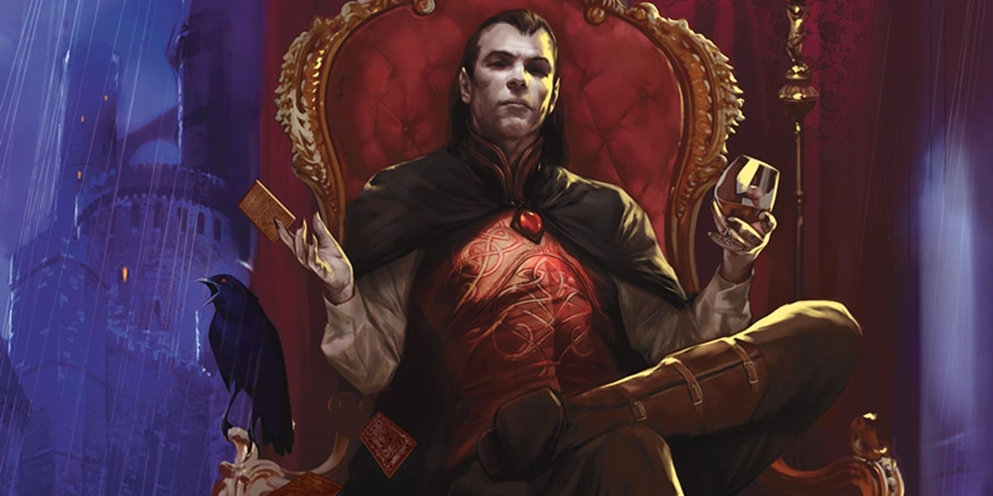 D&D Strahd Sitting On His Throne while holding a glass and a card in his hand while a crow caws off to his left side.