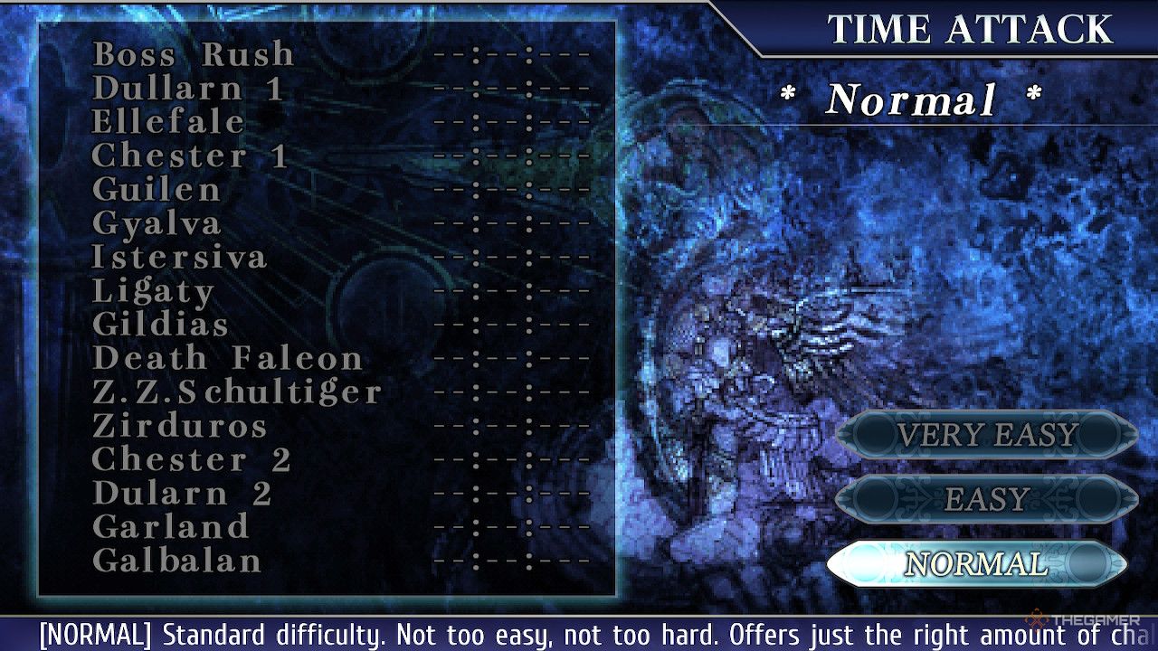 The time attack mode showing every boss in ys memoire the oath in felghana alongside difficulty modes.