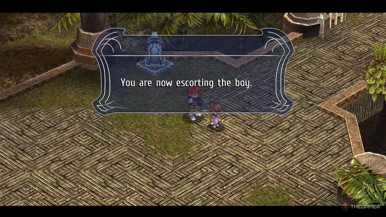 A text prompt showing adol now escorting christof in ys memoire the oath in felghana.