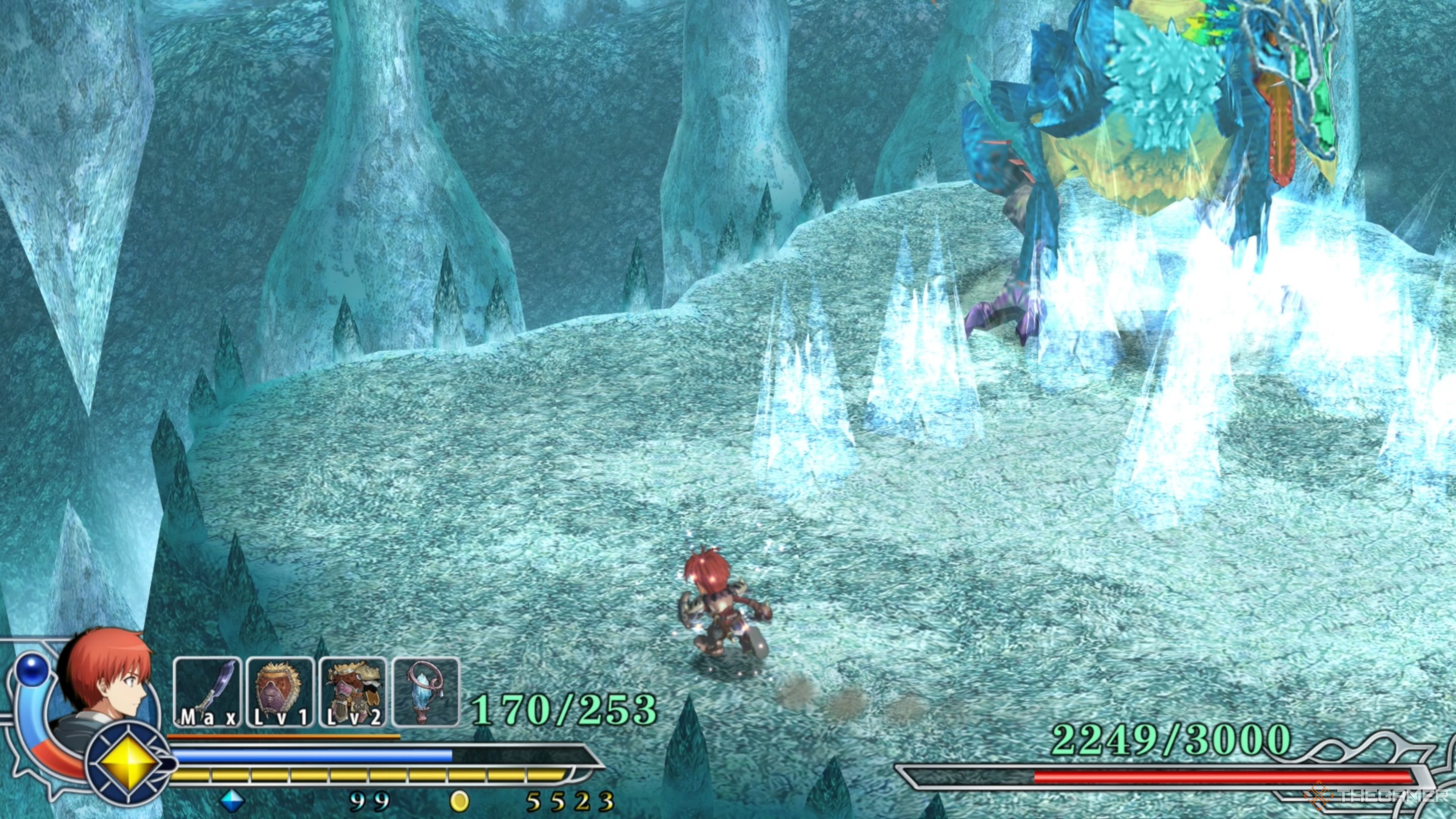 Gildias stomping the ground, causing shards of ice to sprout across the ground in Ys Memoire: The Oath in Felghana.