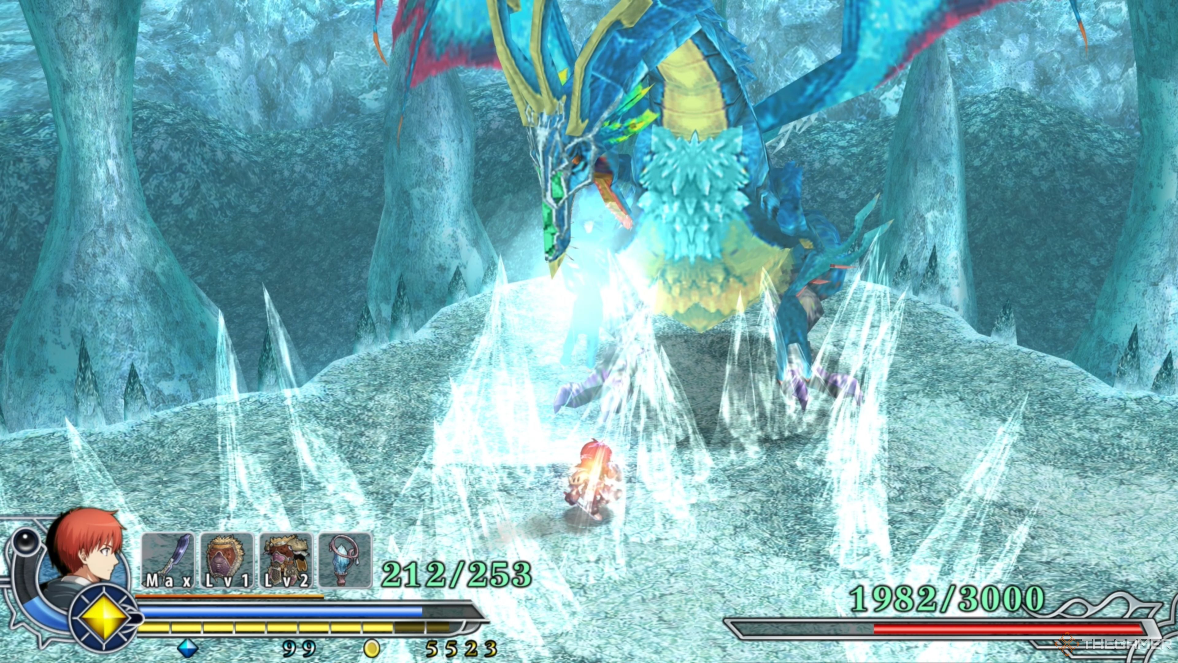 Gildias breathing a steady stream of ice from its mouth, covering the area below in ice in Ys Memoire: The Oath in Felghana.