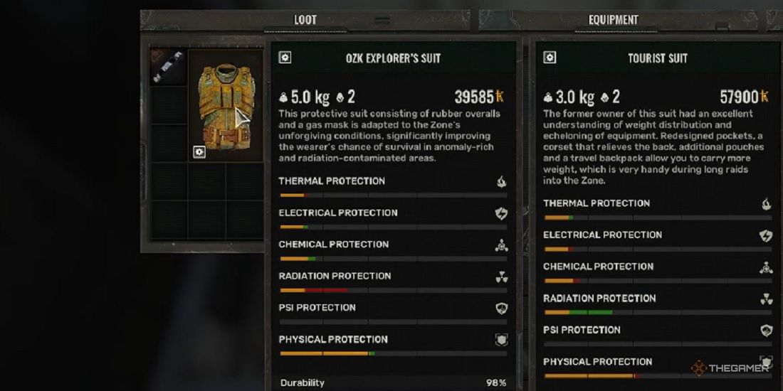 The Tourist suit and OZK Explorer Suit's stats examined in the inventory in Stalker 2: Heart of Chornobyl.