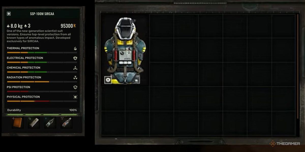 The SIRCAA suit with its stats in Stalker 2: Heart Of Chornobyl.