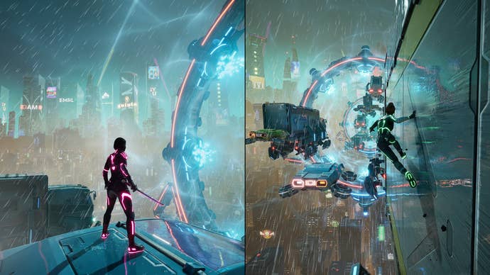 Split screen shot from Split Fiction, featuring a man standing in a futuristic world whilst another wall-runs on a shiny surface.