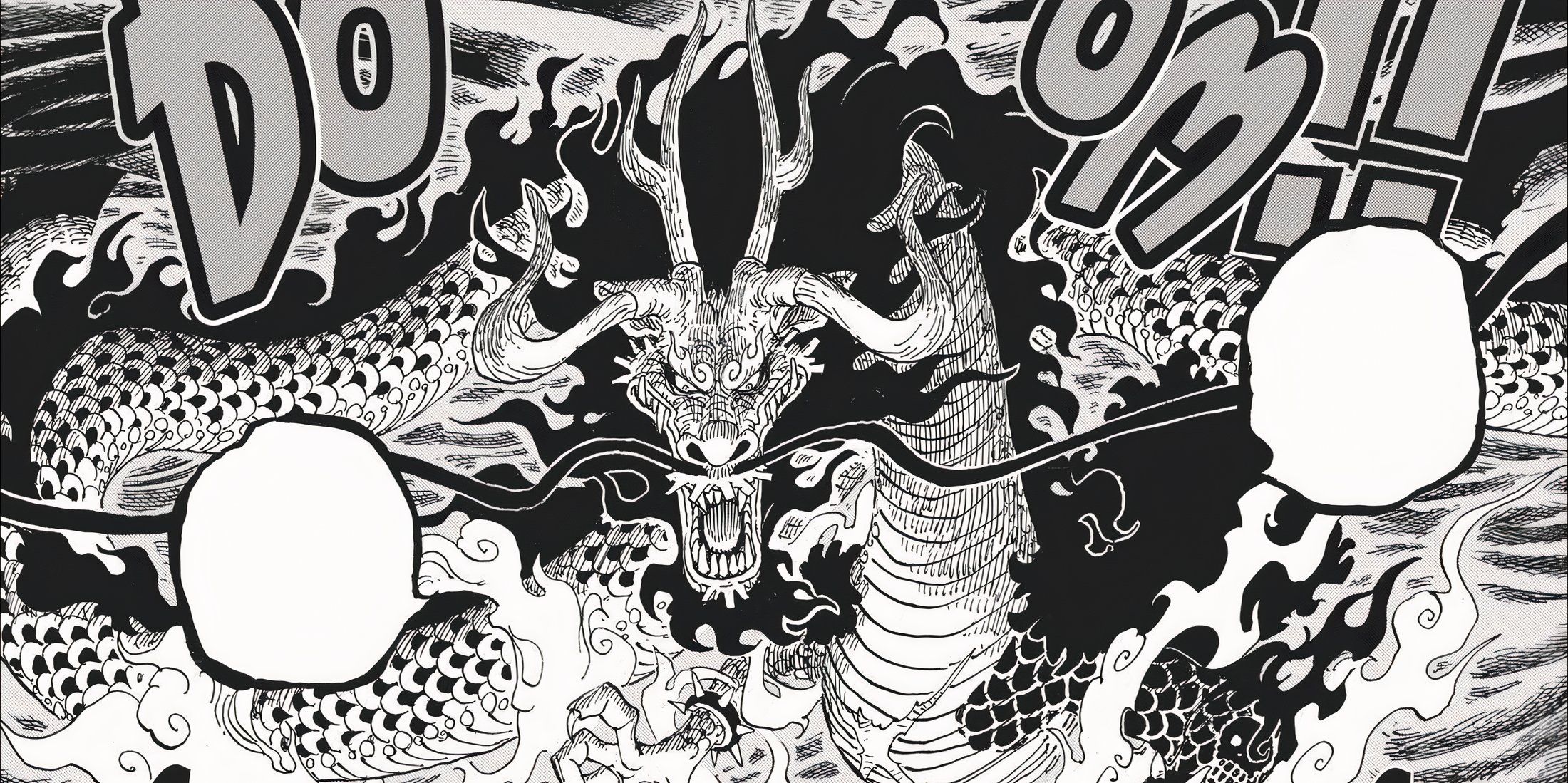 Kaido from One Piece in his full-dragon form staring at Gear 5 Luffy