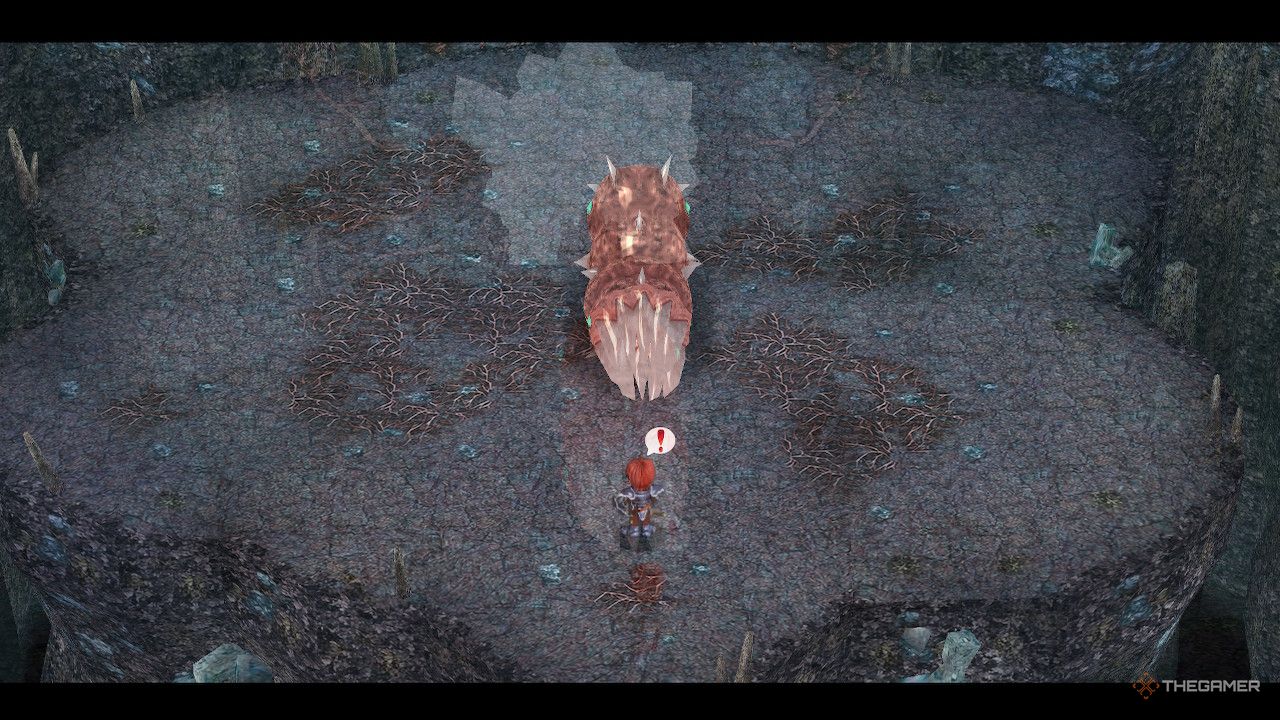 Adol with a red exclamation point above his head as Istersiva appears in the abandoned mine in ys memoire the oath in felghana.