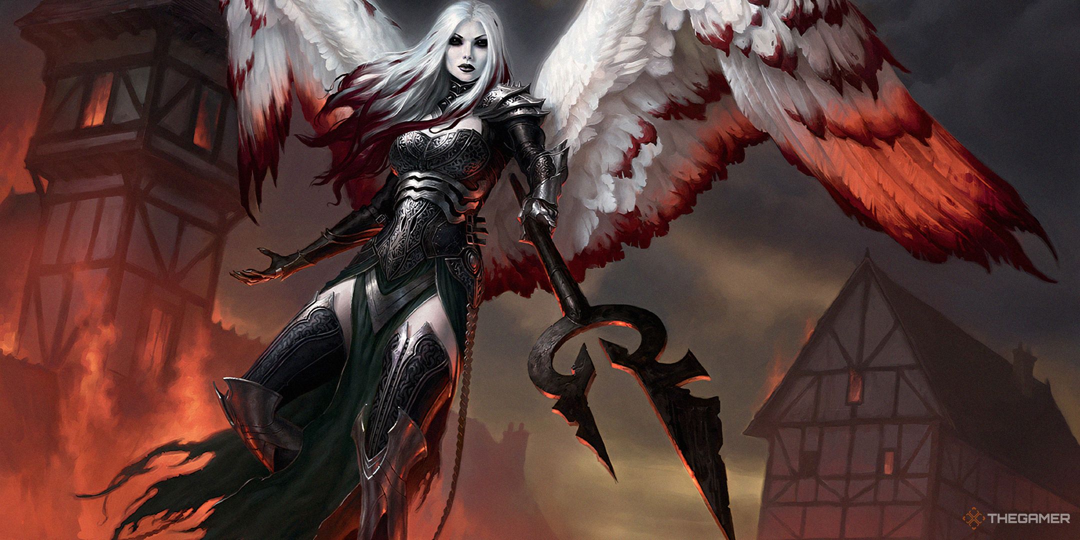 Avacyn, the Purifier by James Ryman, showing an angel with bloodied wings pointing a spear.