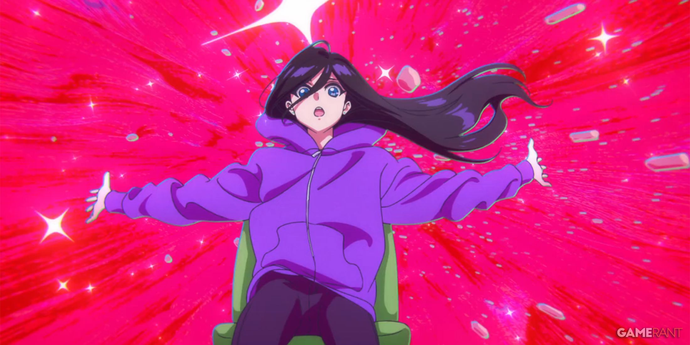 Hirose flies on a magical green office chair through a transcendent hot pink explosion in Zenshu.