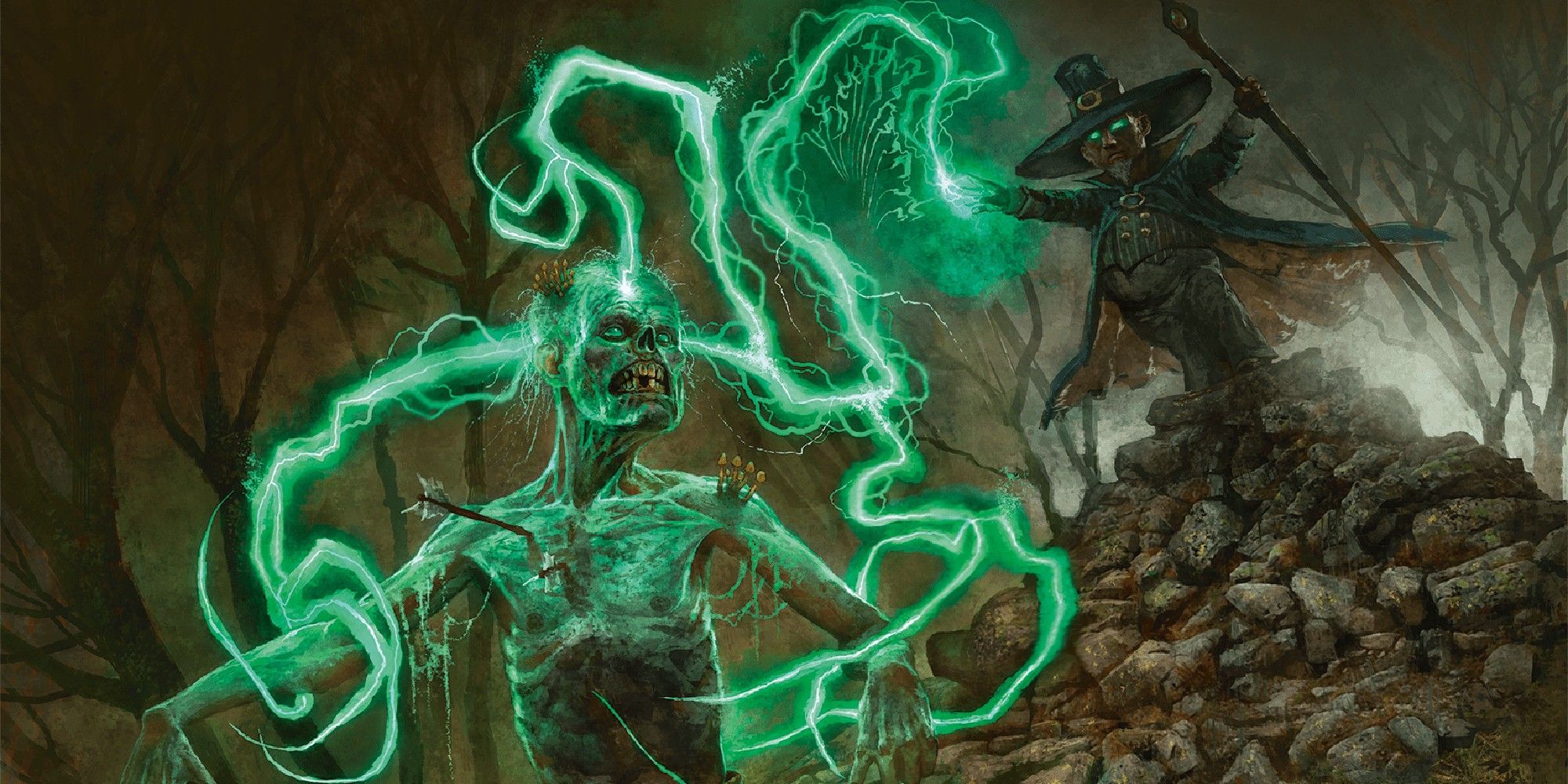 Dungeons & Dragons image showing a gnome casting witch bolt on a zombie.