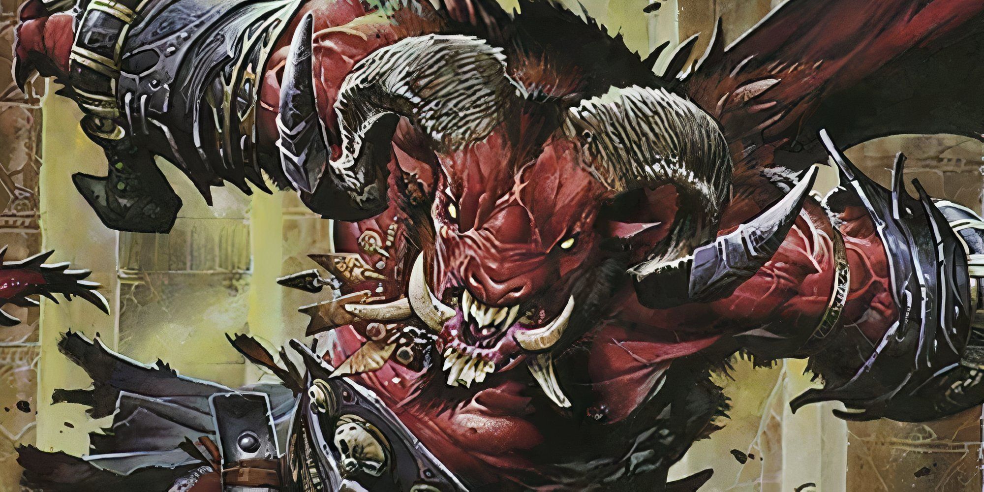 Orcus from Dungeons & Dragons, a goat-like demon lord with deep red skin on a rampage.