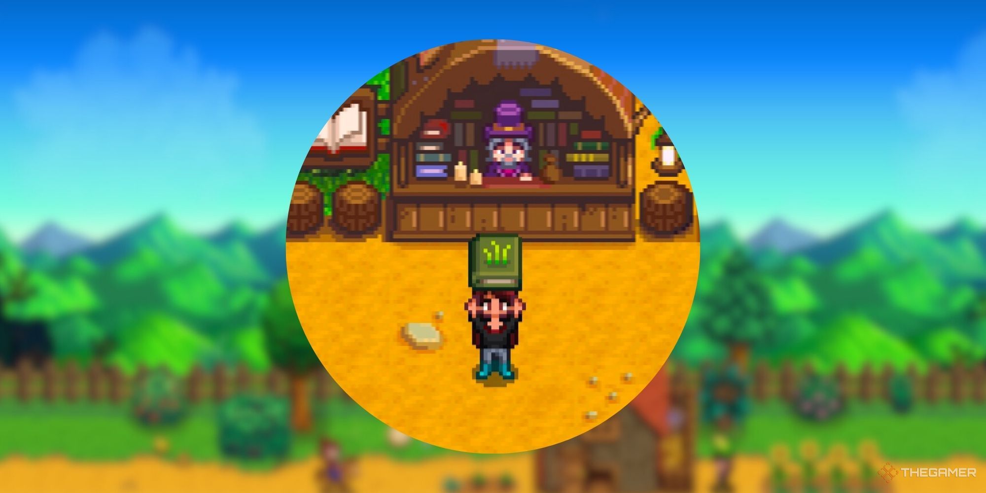 Stardew Valley Farmer Holding Up Ol' Slitherlegs Book Of Power over blurred background