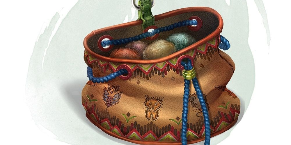 A bag of tricks with animal illustrations on it and fuzzy balls inside of it from Dungeons & Dragons.