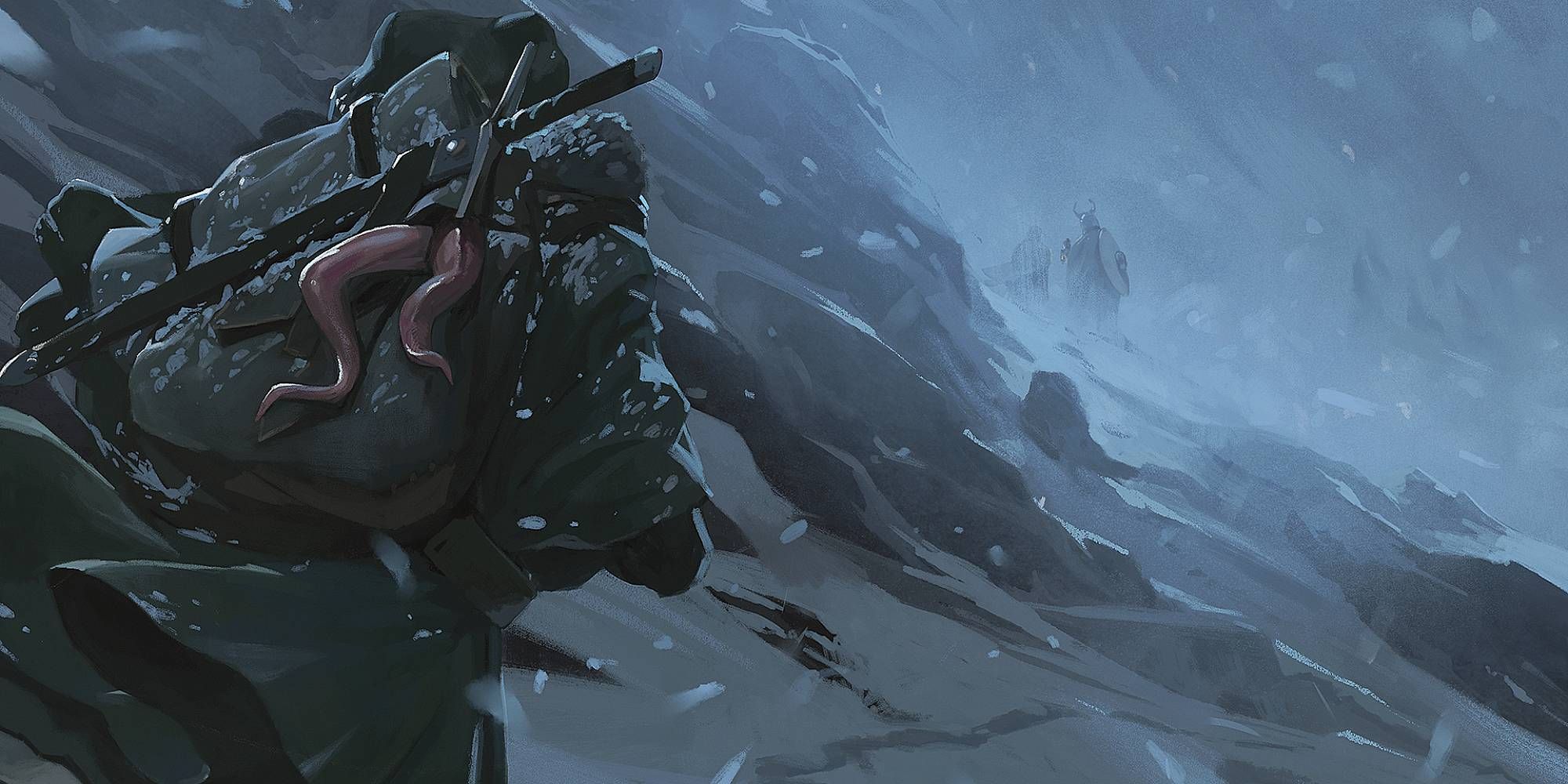 A lone traveler wades through a snowstorm where figures are in the distance from Dungeons & Dragons.