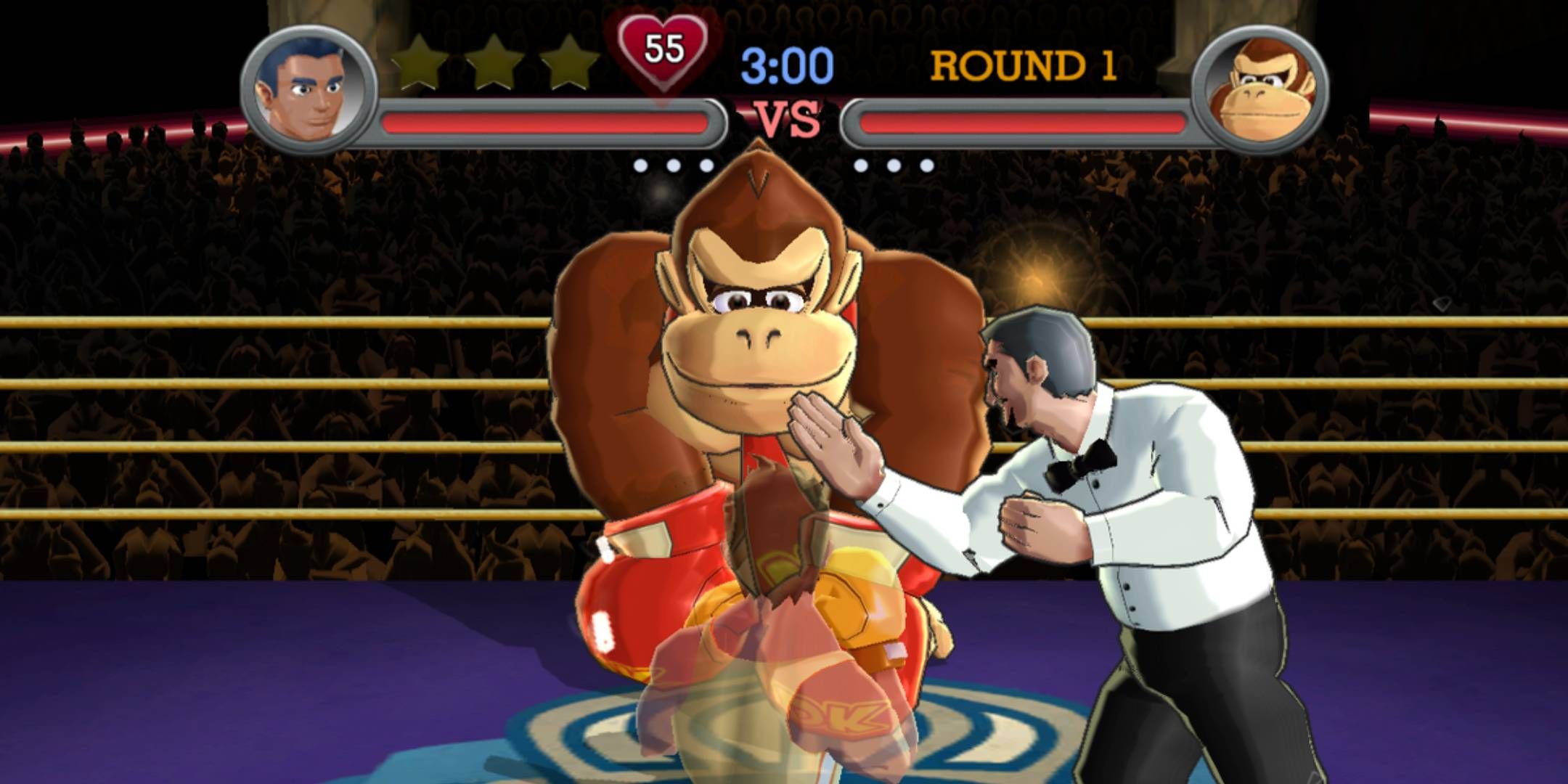 Little Mac about to fight Donkey Kong in Punch-Out!! Wii.