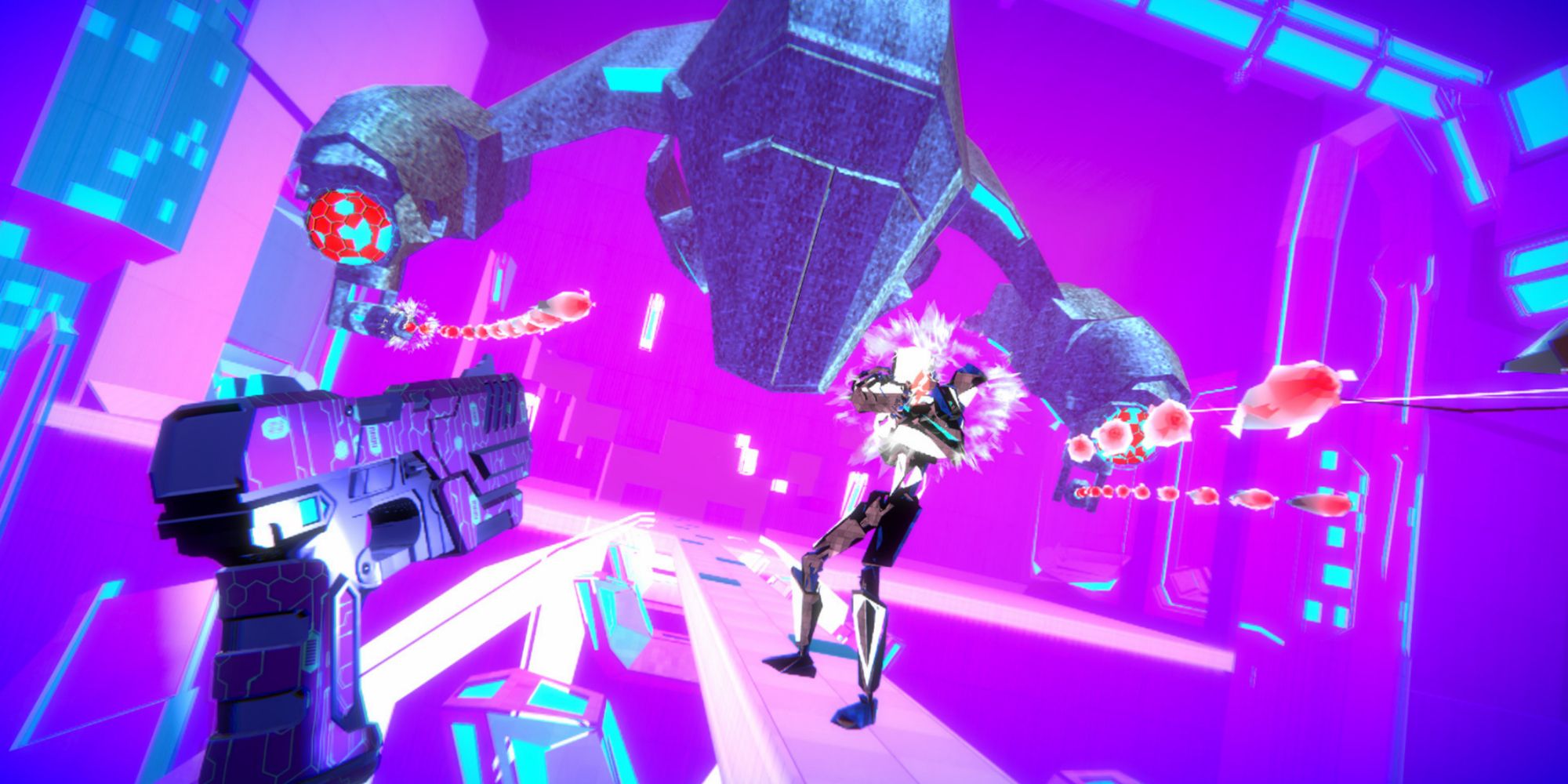 A player shoots a gun at a robot in a bright neon synthwave world.