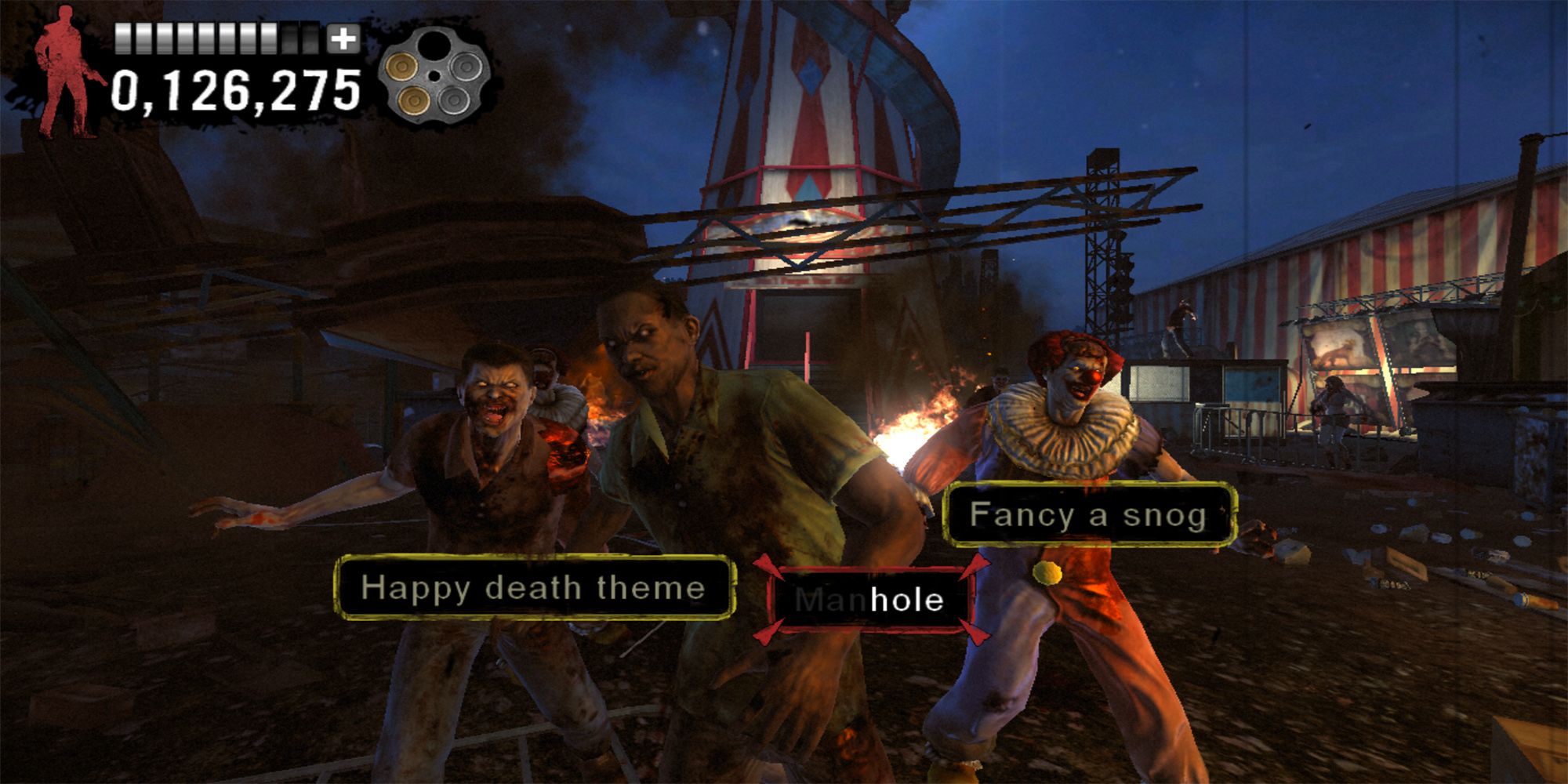 Agent G shoots a zombie with the phrase, "Manhole," outside a zombie circus tent in The Typing Of The Dead Overkill