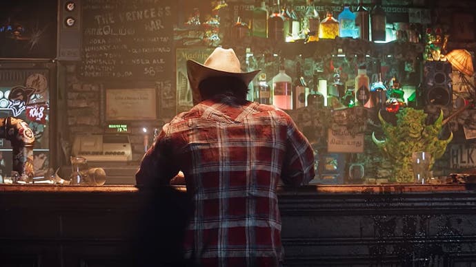 Wolverine screenshot showing Logan sitting at a bar with a plaid shirt and cowboy style hat on