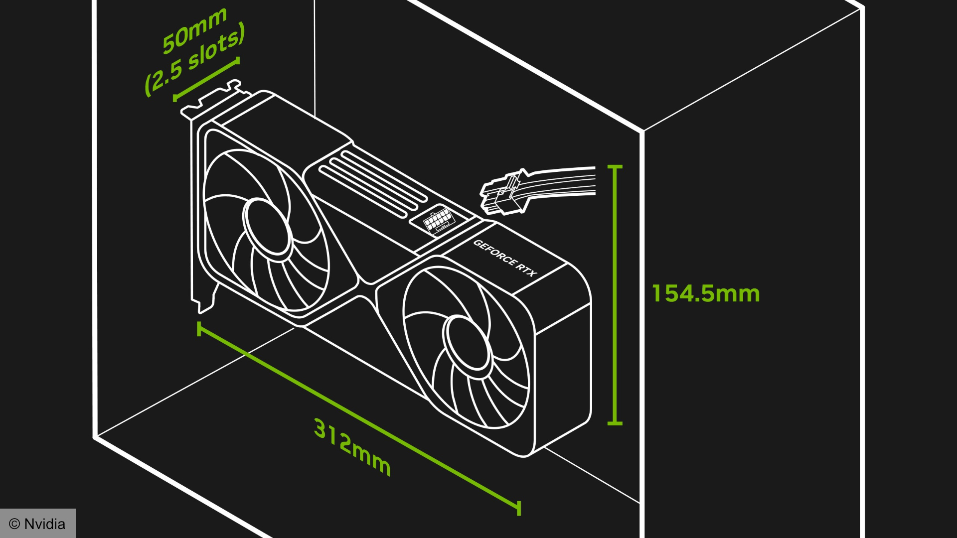 Nvidia SFF-Ready certification guide showing dimension sizes, with the sample GPU shown vertically.