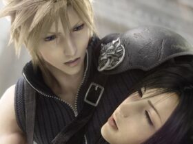 Screenshot from Final Fantasy 7 Advent Children showing Cloud holding an unconscious Tifa in his arms.