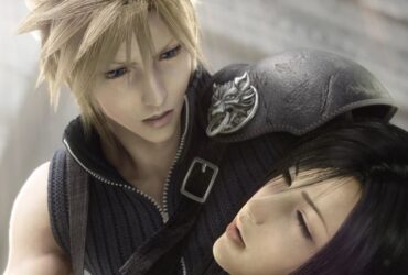 Screenshot from Final Fantasy 7 Advent Children showing Cloud holding an unconscious Tifa in his arms.