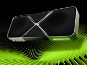 Nvidia GeForce RTX 5080 graphics card with green ripples in backdrop