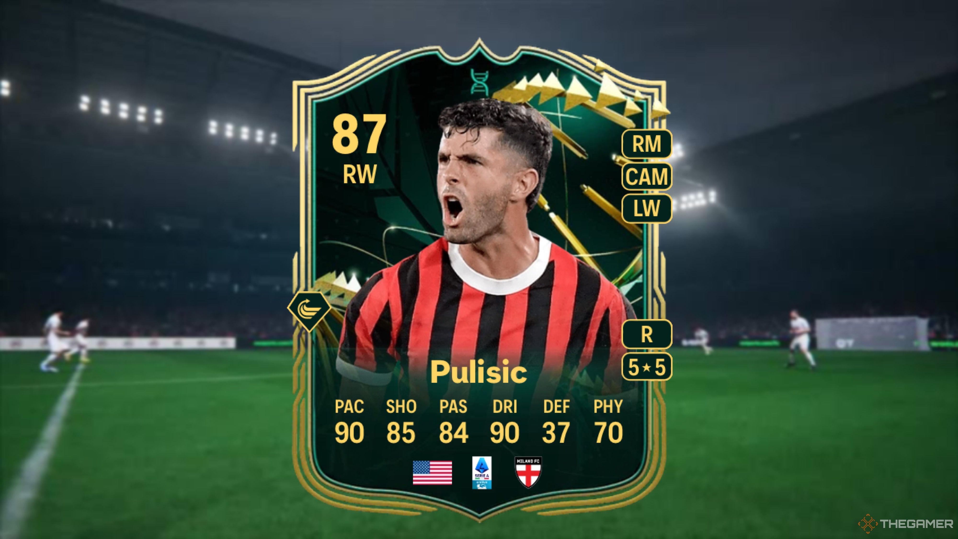 EA Sports FC 25 Image showing Pulisic card against a faded stadium background.