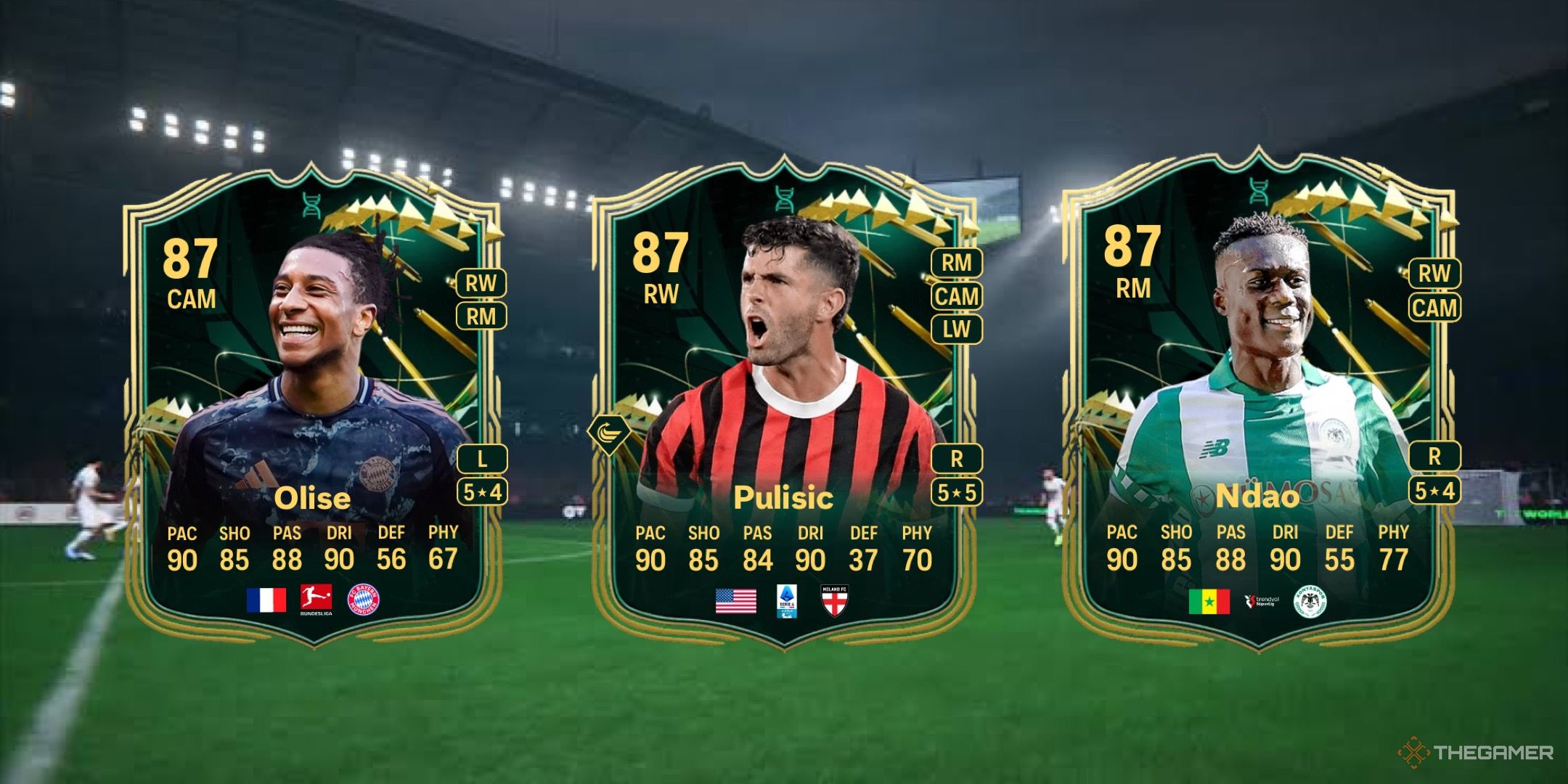 Image showing Olise, Pulisic, and Ndao card against a faded pitch background.