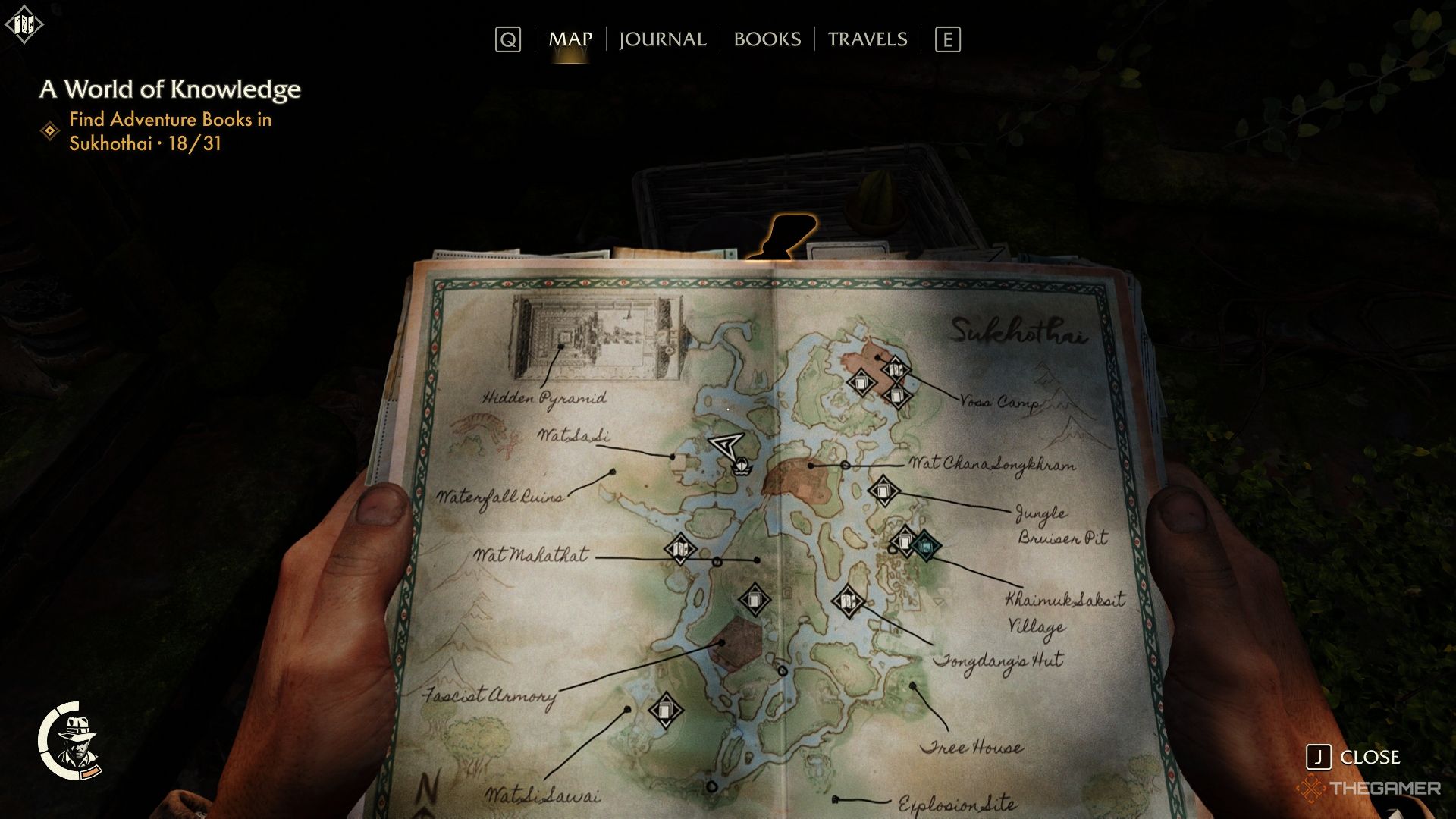 Indy holding the Sukhothai map before the Fast Hands book in Indiana Jones and the Great Circle.