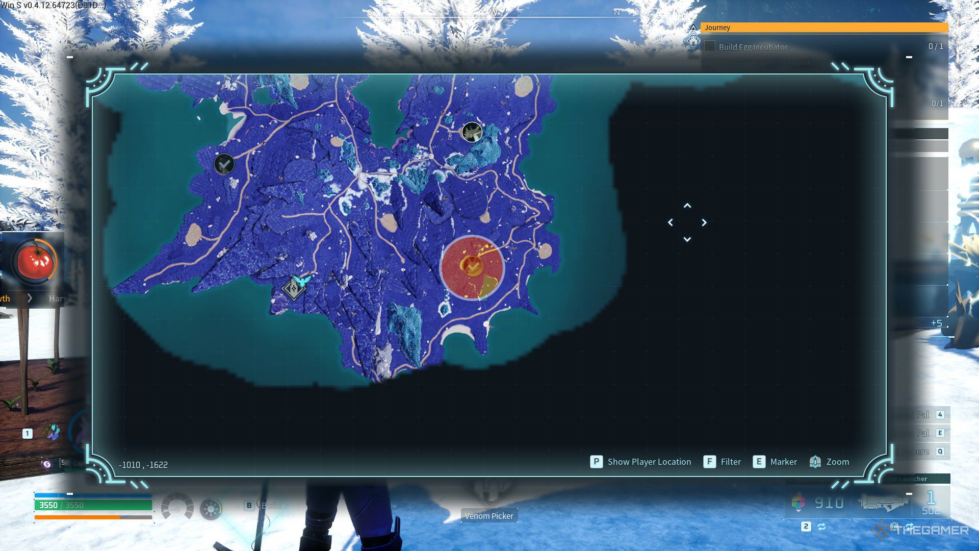 An orange circle shows the location of the Alpha Pal, Caprity Noct in Palworld