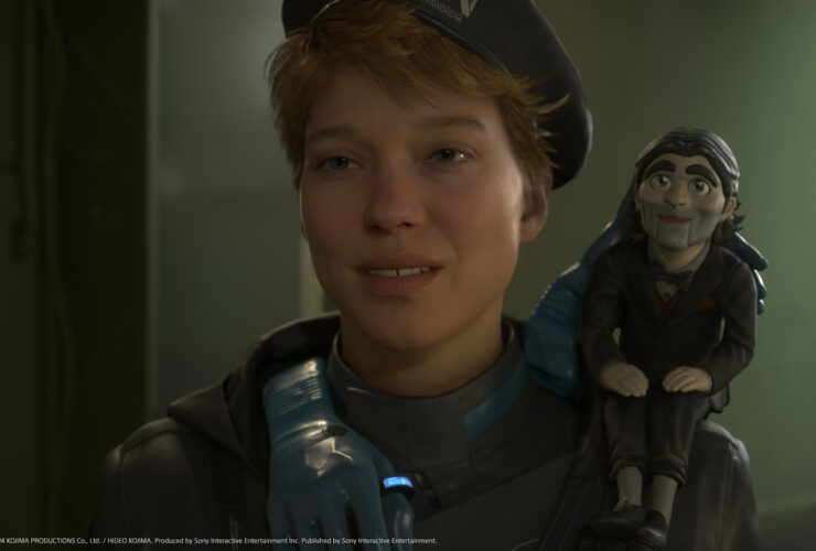 A living puppet sits on Fragile's shoulder in a Death Stranding 2 PS5 screenshot