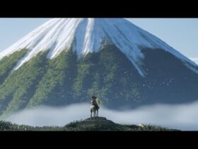 Atsu on horseback in front of a vista of Mt Yotei from Ghost of Yotei