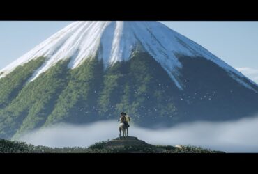 Atsu on horseback in front of a vista of Mt Yotei from Ghost of Yotei