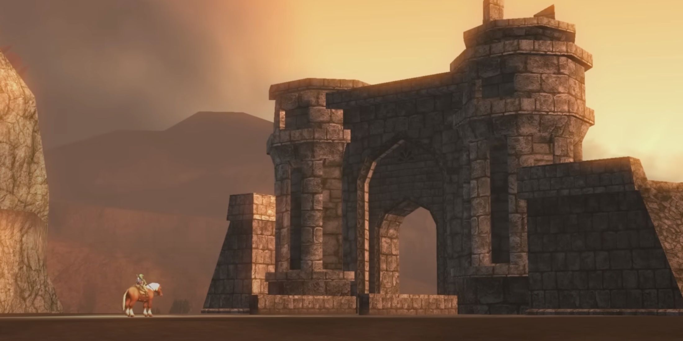 opening scene of twilight princess, link on horseback in front of a brick castle