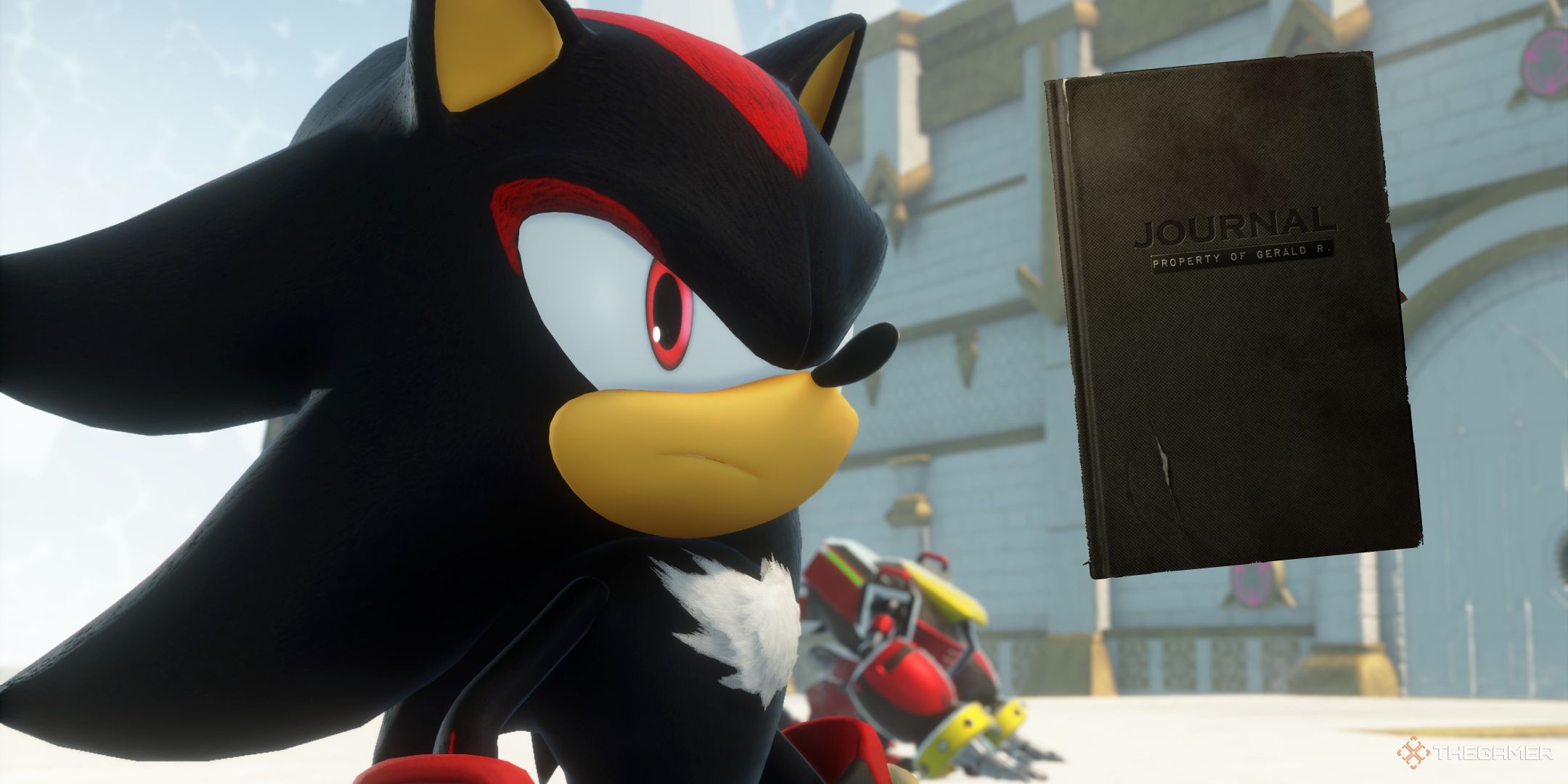 Shadow with Omega in the background looking at Gerald's Journal In Sonic X Shadow Generations.