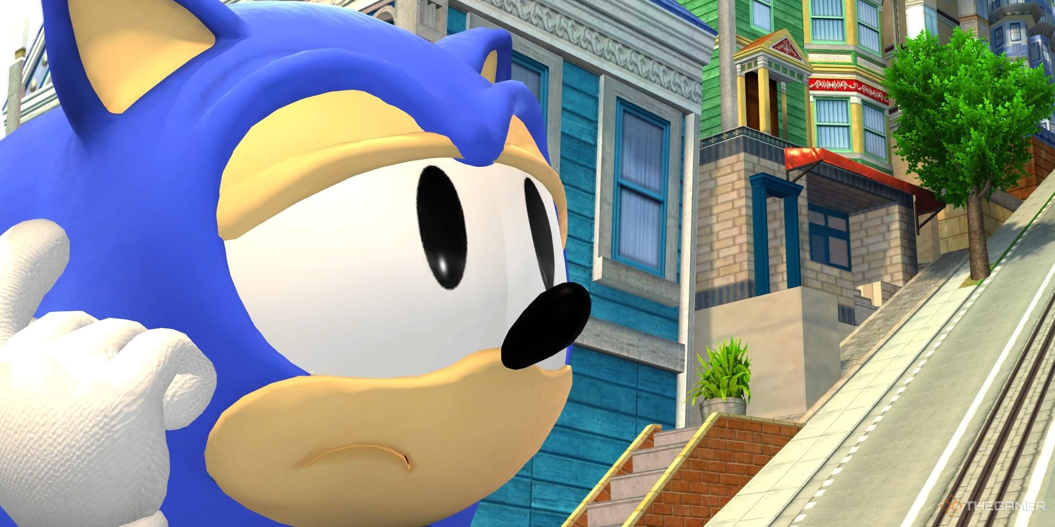 SONIC X SHADOW GENERATIONS Classic Sonic furrowing his brow and scratching his head in City Escape.