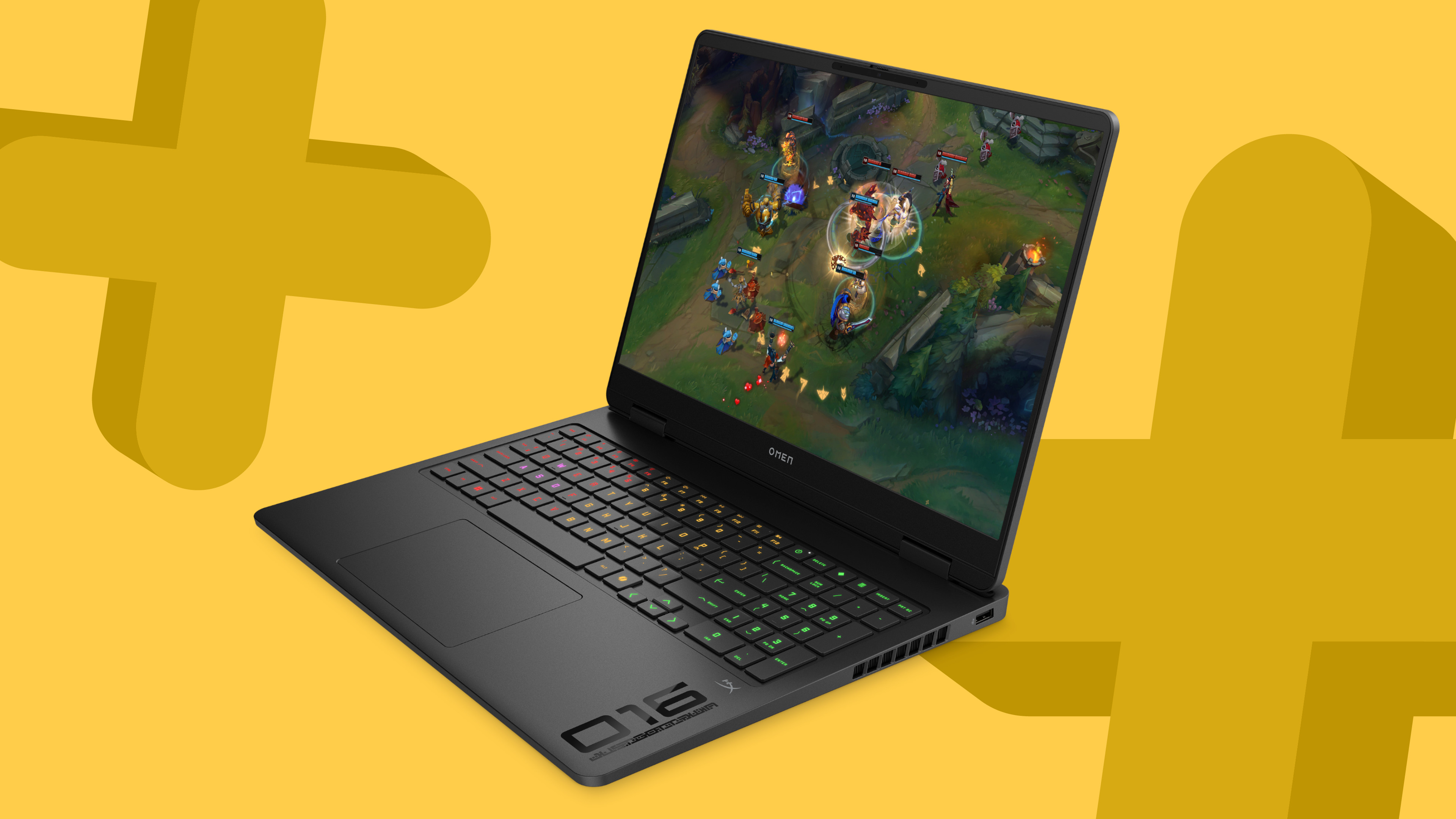 HP Omen 16 gaming laptop on a yellow background