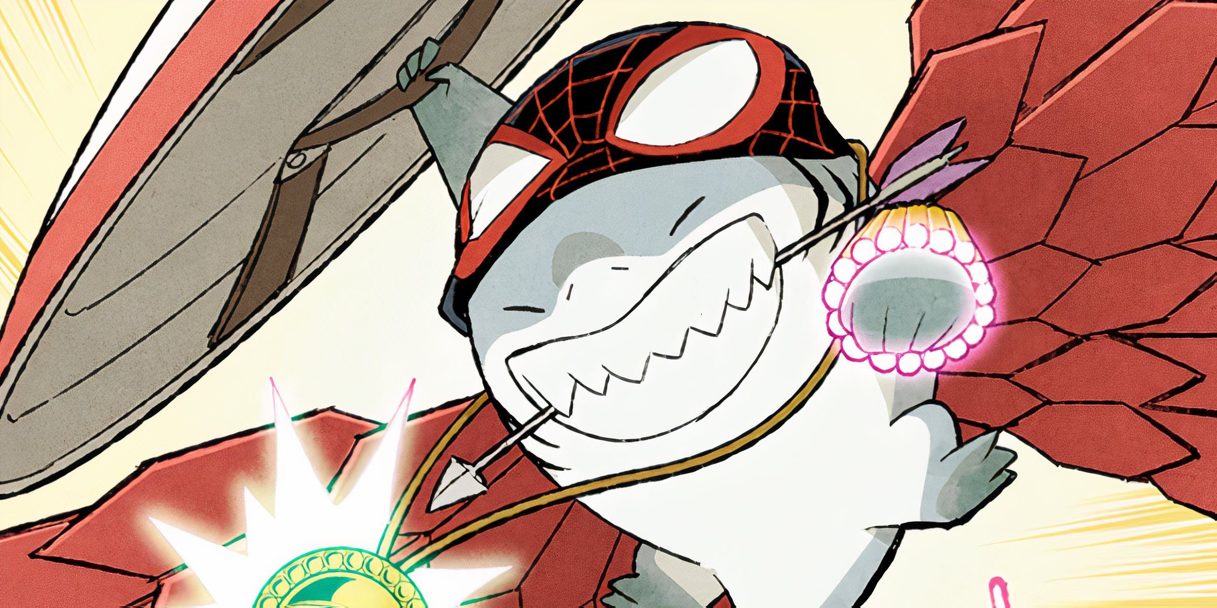 Jeff The Land Shark With Various Marvel Heroes' Gear In Marvel's It's Jeff! Infinity Comic Issue 7.