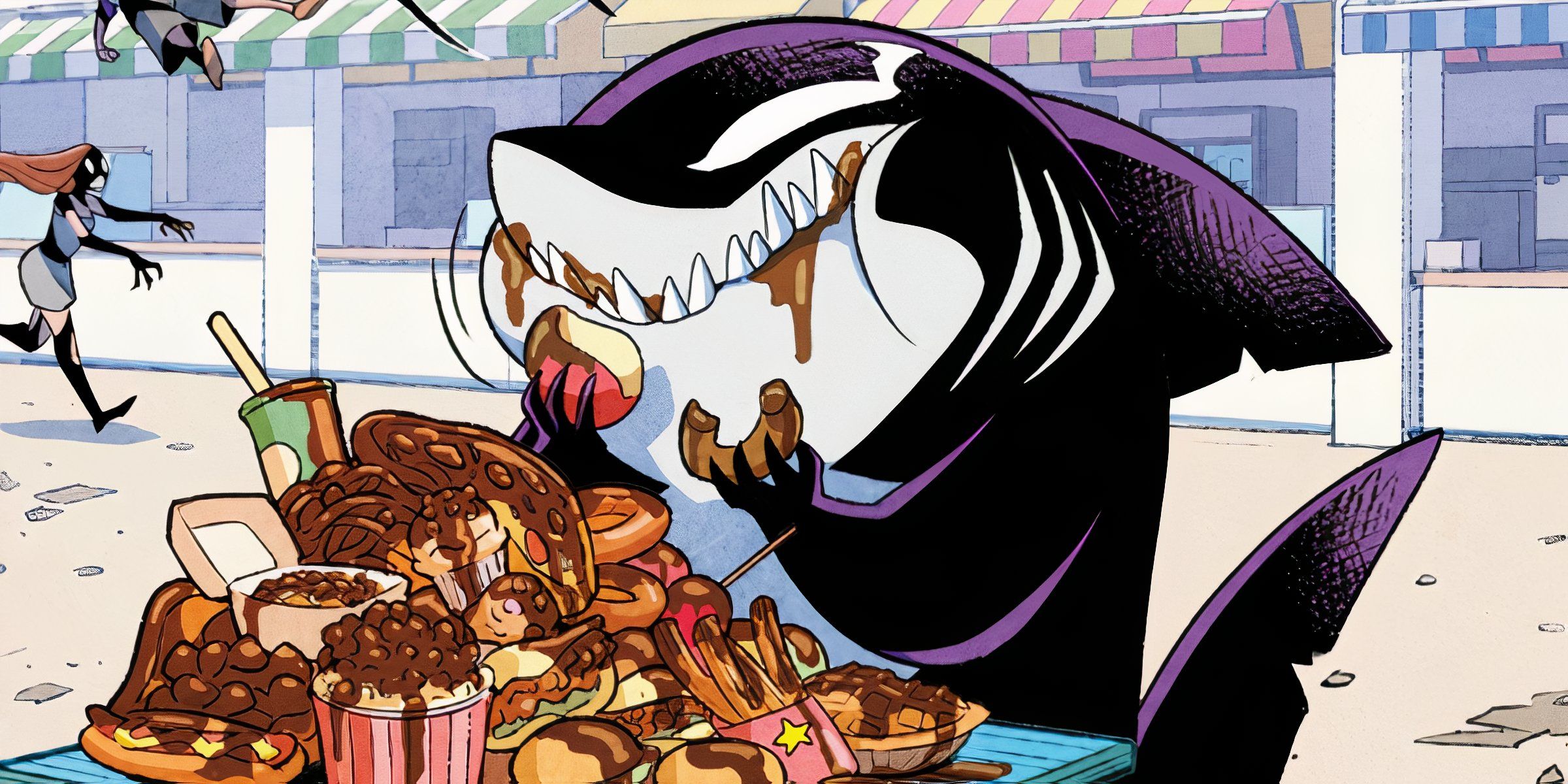 Jeff The Land Shark Venomized Eating At Coney Island In Marvel's Venom War: It's Jeff! Comic.