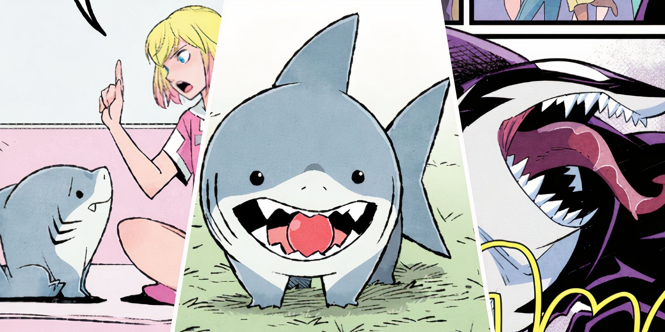 Gwenpool Telling Jeff The Land Shark Off Alongside Images Of Jeff Holding A Ball In His Mouth And A Venomized Jeff