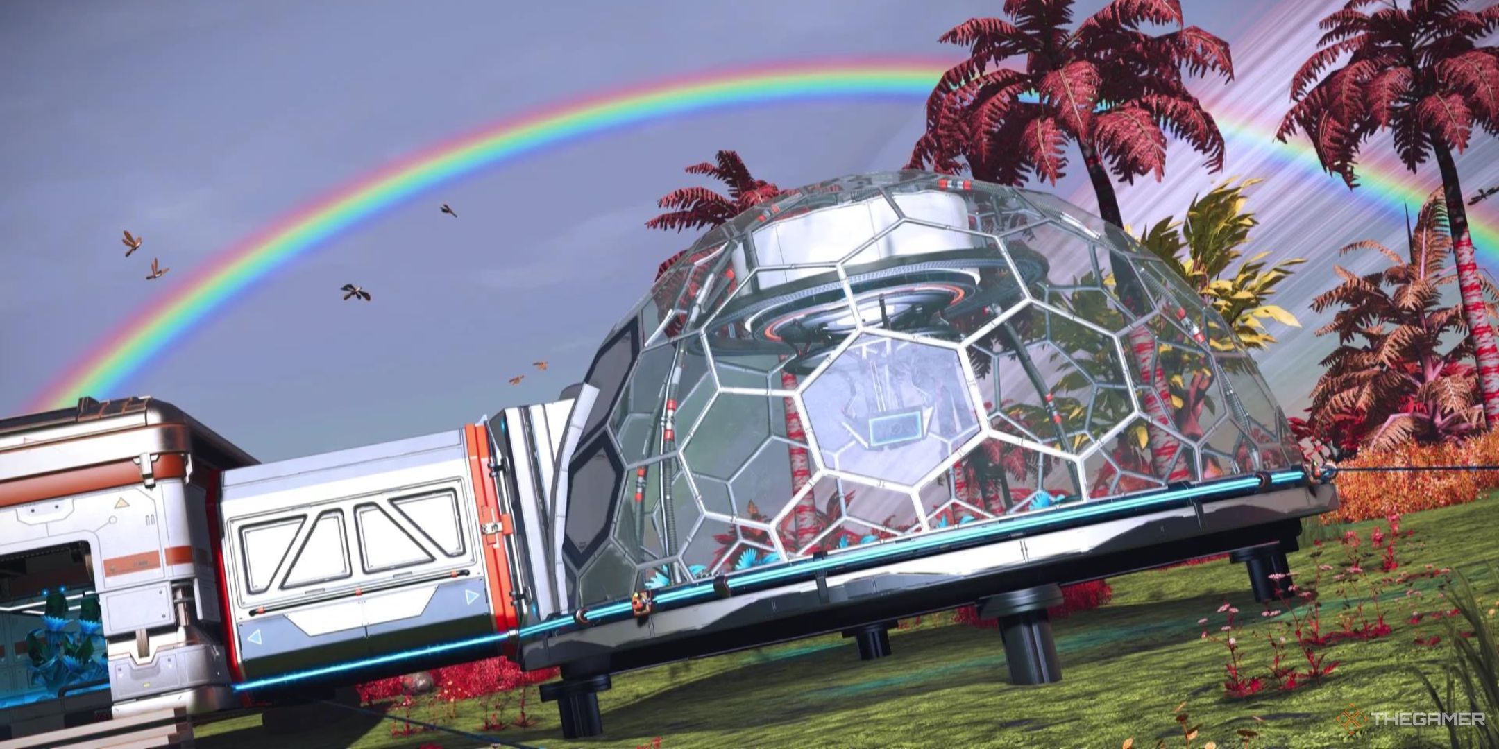 A Bio-Dome sits as part of a larger base, with a raindrop looping overtop of it all in No Man's Sky.