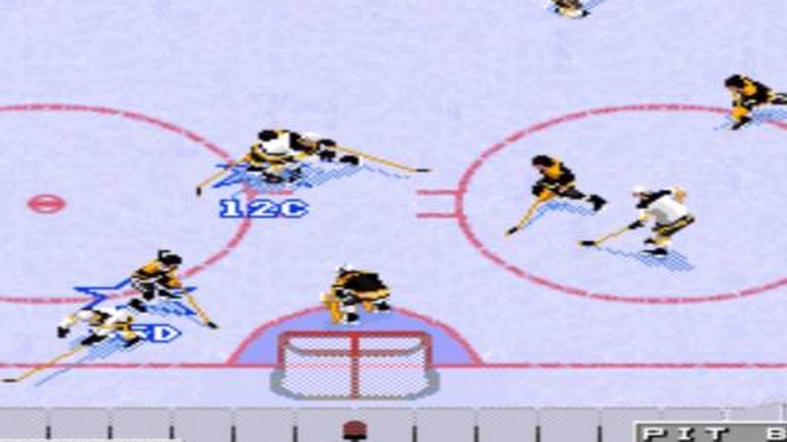 Hockey players in front of a goal while one tries to score, and other team defends.