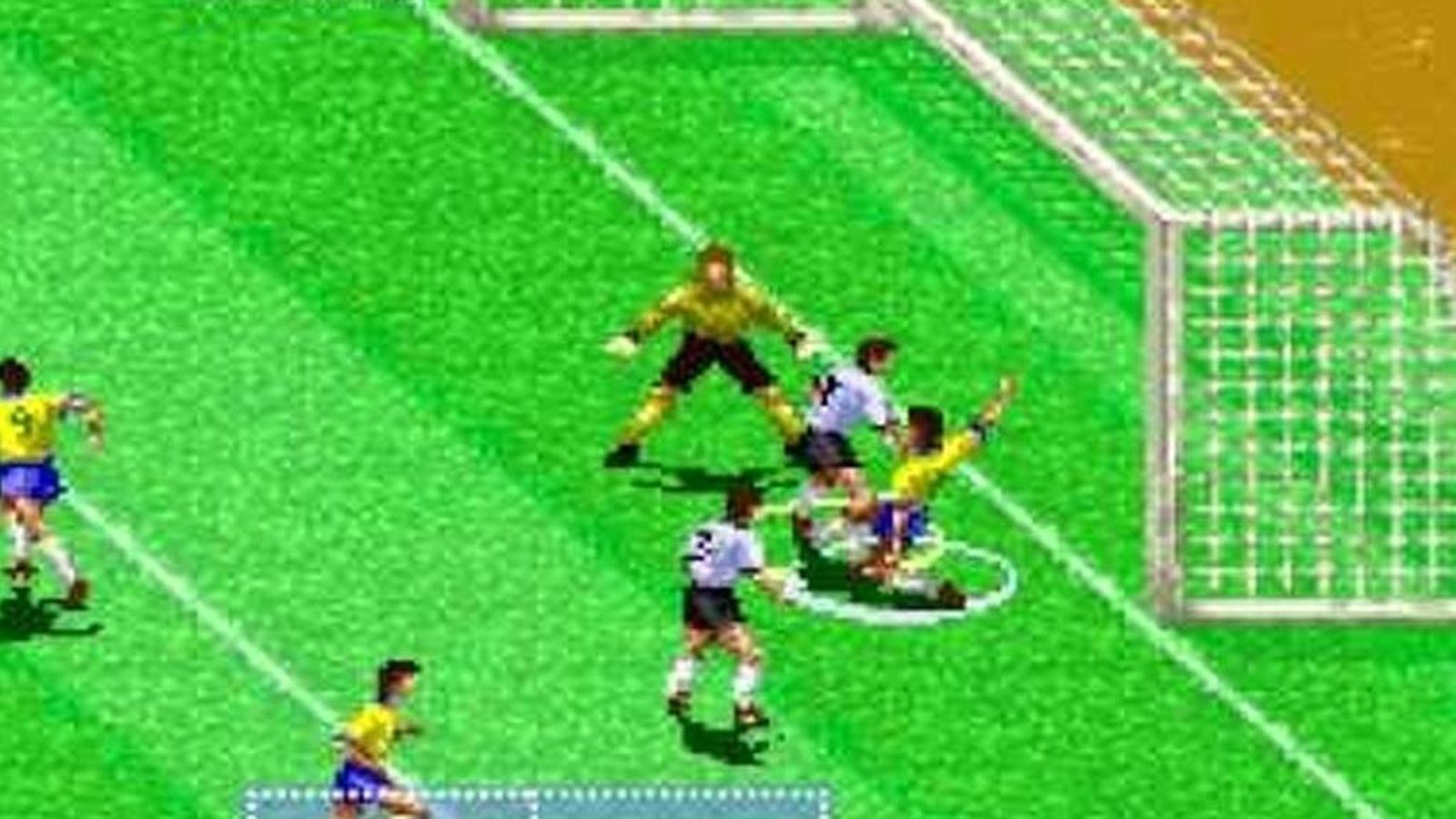 Players from Brazil trying to score a goal as Argentine players defend.