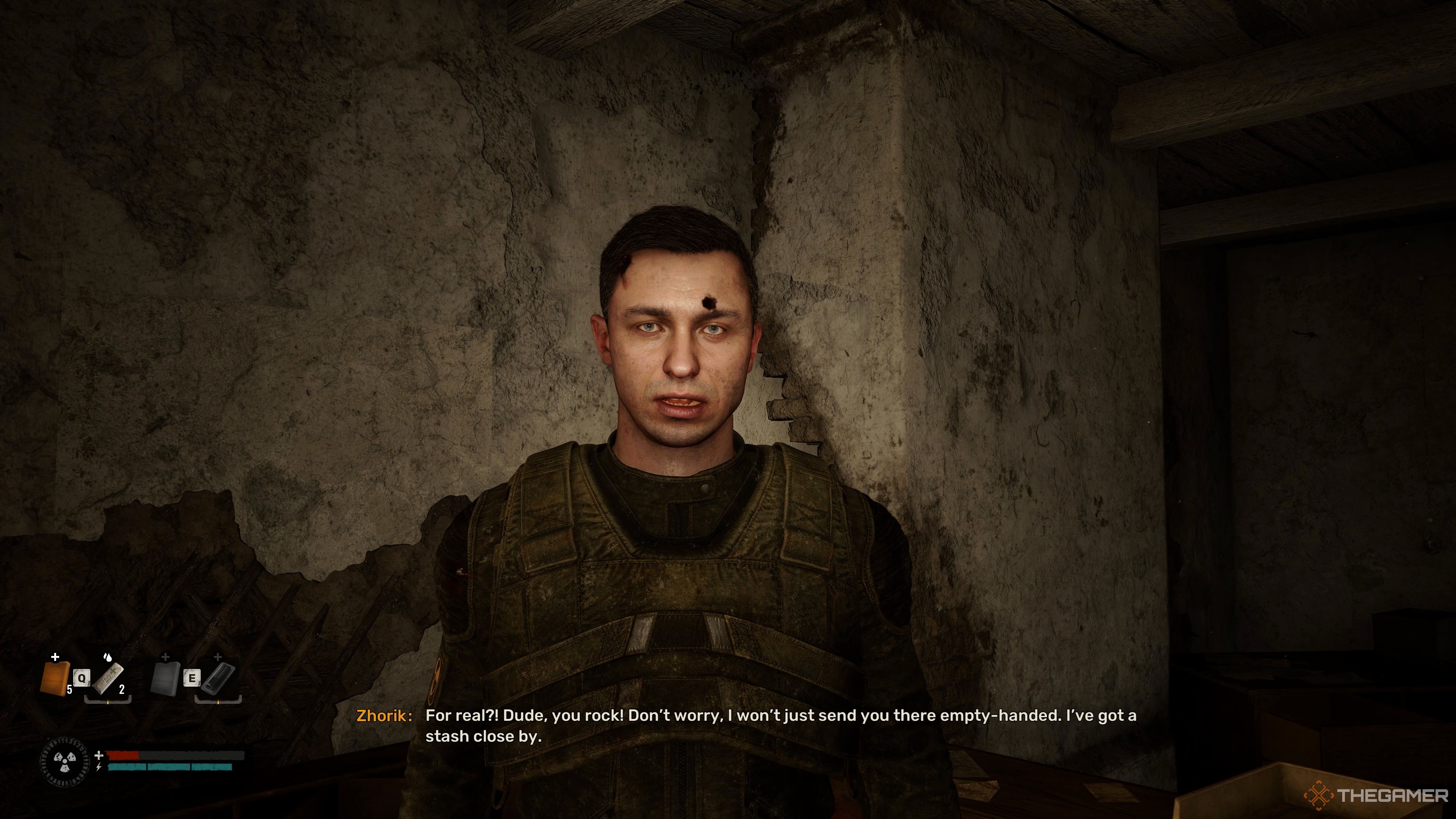 Zhorik telling you about his Stash that's located nearby for agreeing to help save Gloomy in Stalker 2: Heart of Chornobyl.