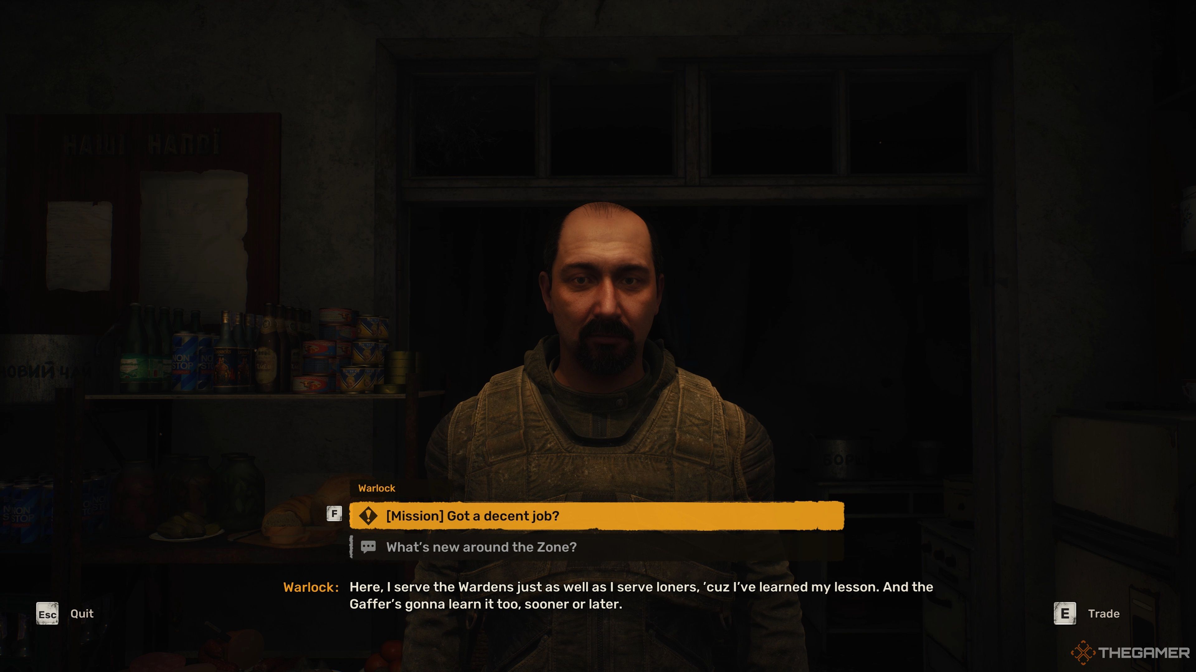 Asking Warlock if he has any jobs available in Stalker 2: Heart of Chornobyl.