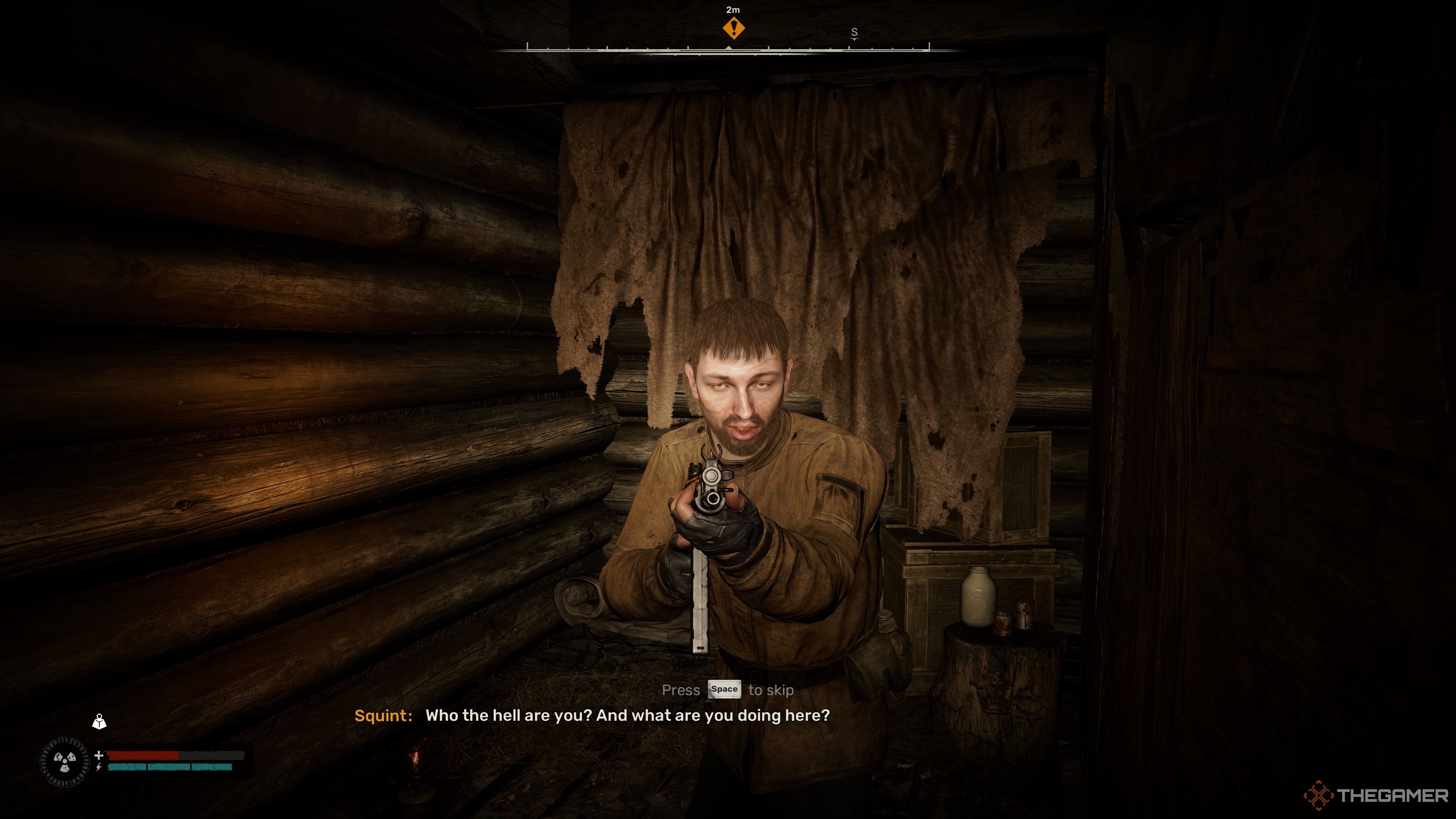 Squint pointing a shotgun at you in Stalker 2: Heart of Chornobyl.