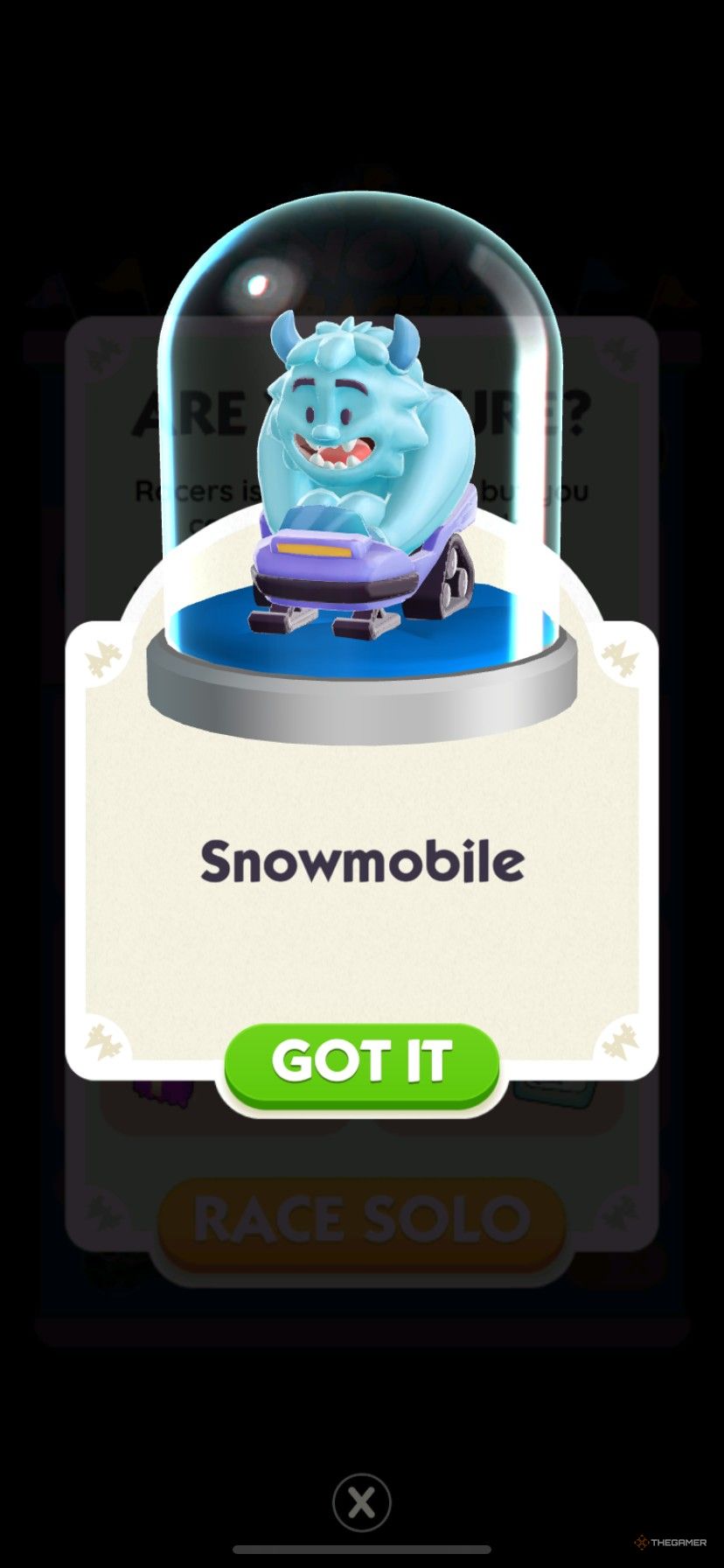 The Snowmobile board token as the top prize for Snow Racers in Monopoly Go.