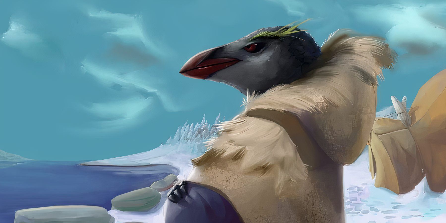 Dungeons and Dragons aarakocra penguin standing in frozen wasteland