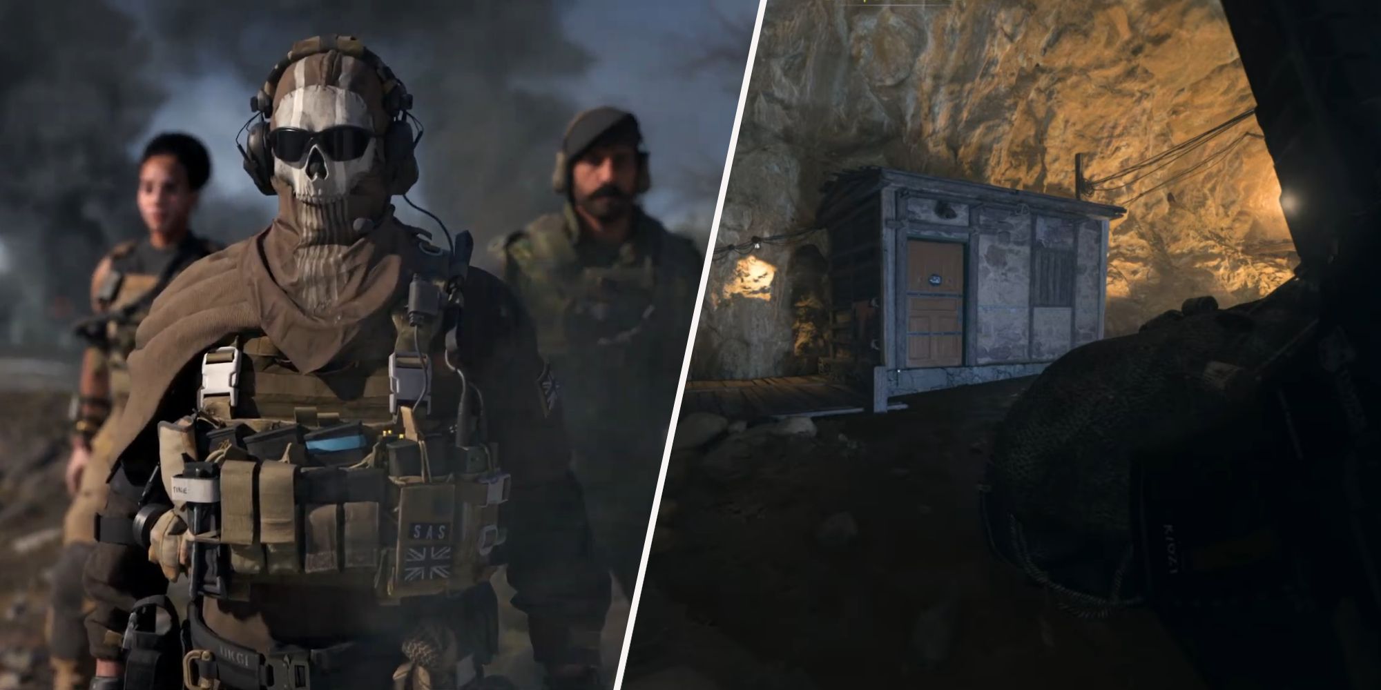 Call of Duty Warzone 2 Characters on the left and Cavern Boat Dock Shack Location on the right