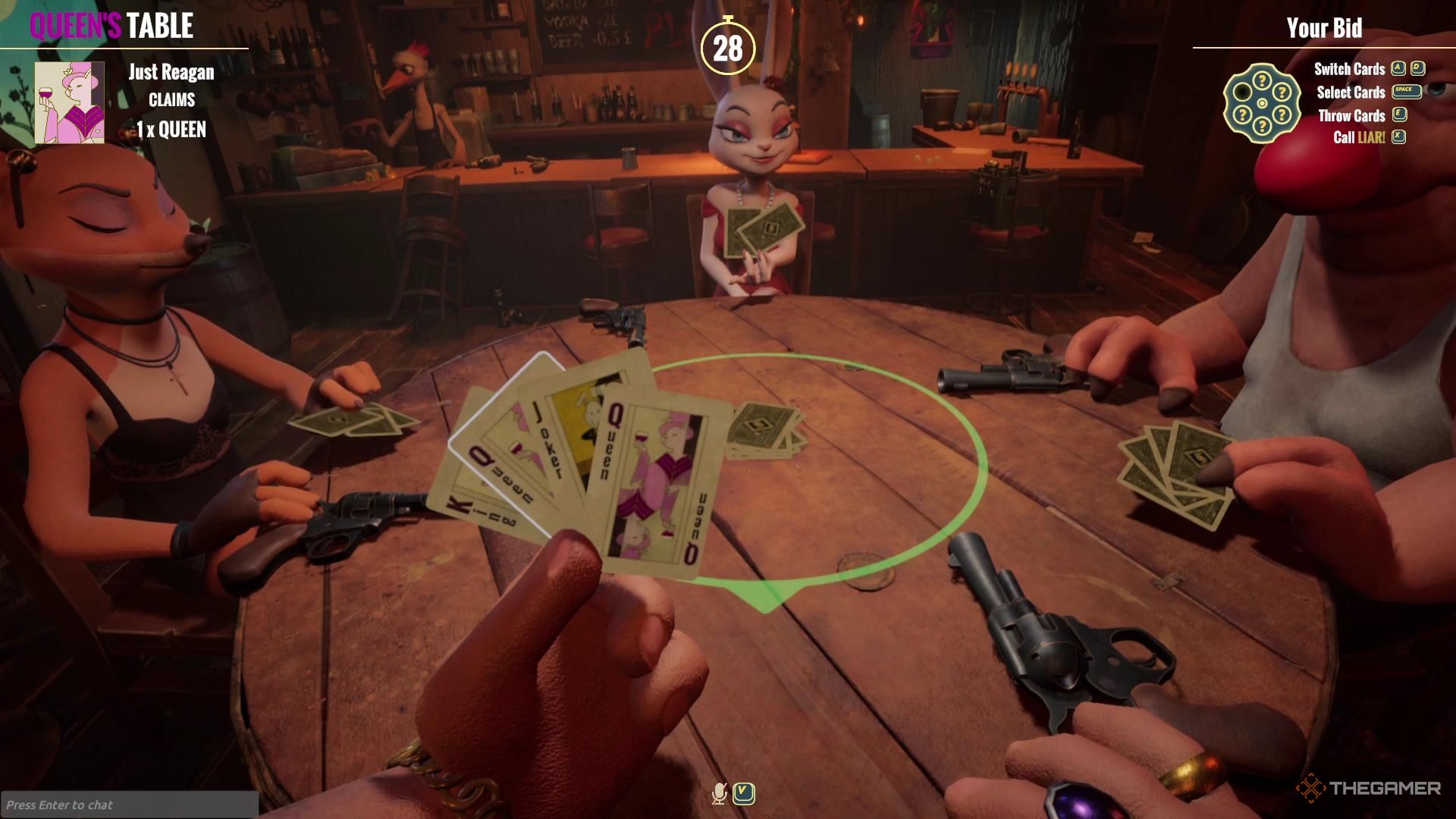 A player holds two Queens on a Queen's table in Liar's Deck.