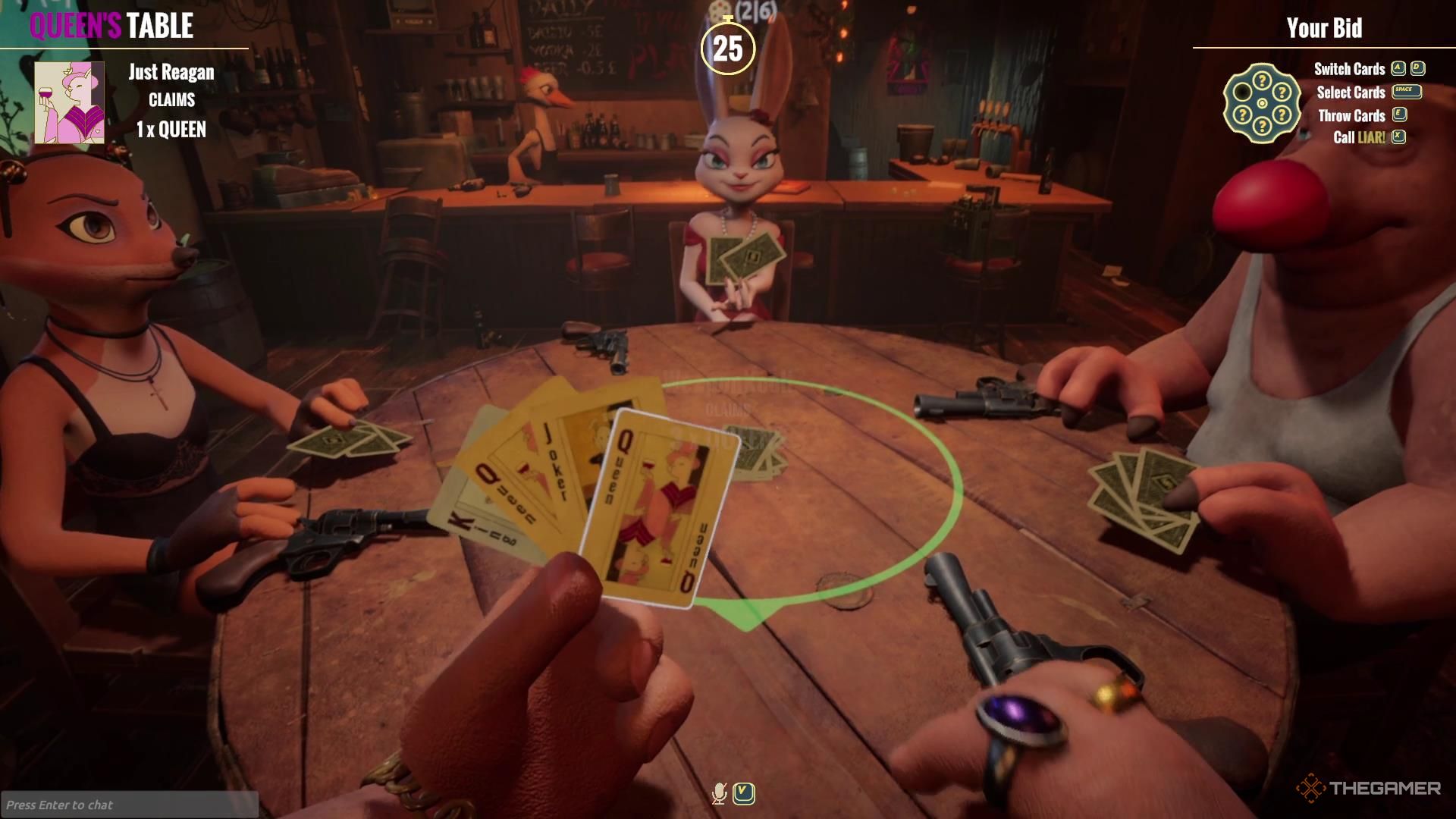 The player plays two Queen's and a Joker in Liar's Deck.